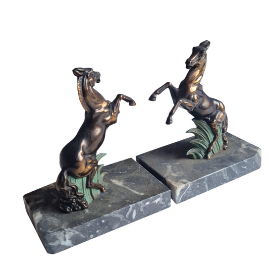 Stunning Art Deco Bronze bookends, horse, cold painted cast bronze on marbre.