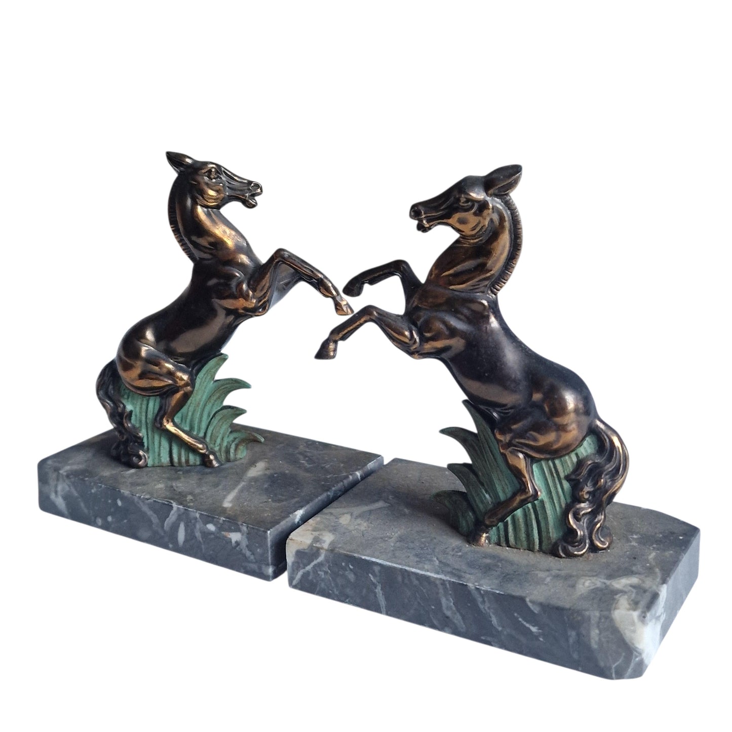 Stunning Art Deco Bronze bookends, horse, cold painted cast bronze on marbre.
