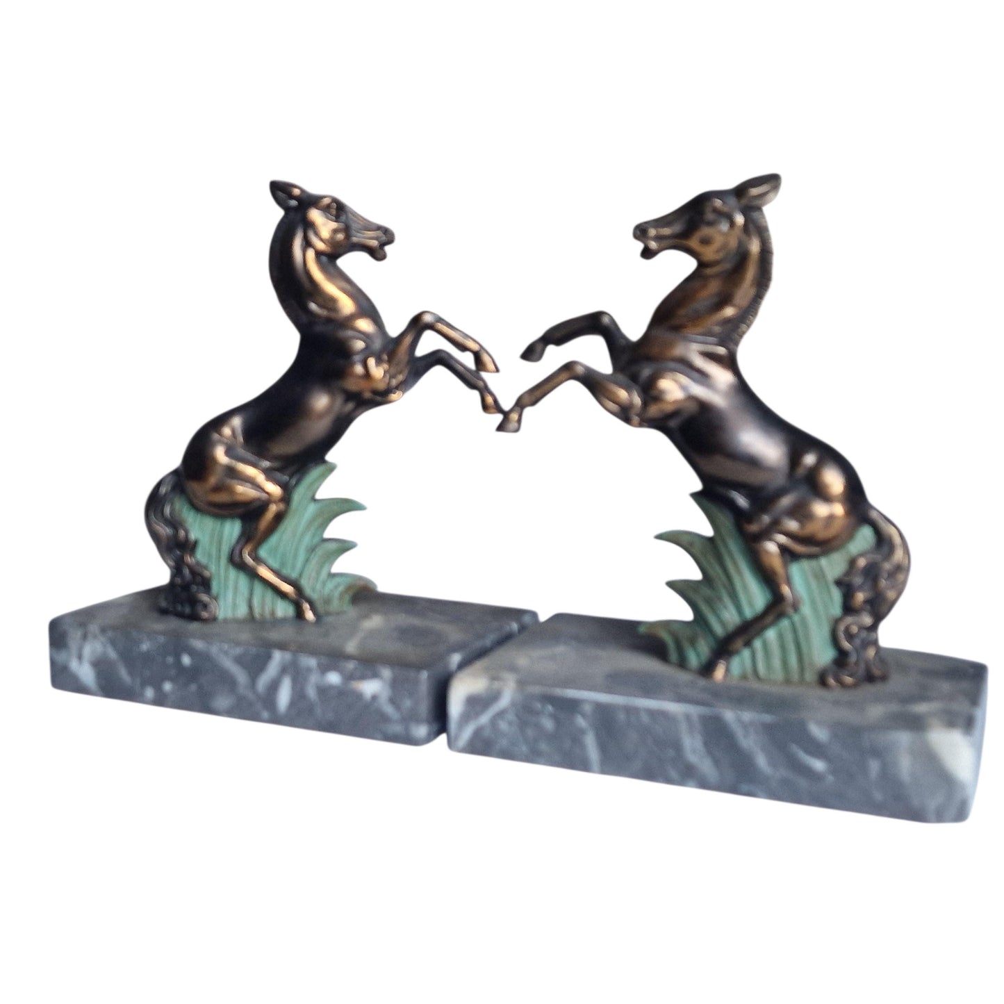 Stunning Art Deco Bronze bookends, horse, cold painted cast bronze on marbre.
