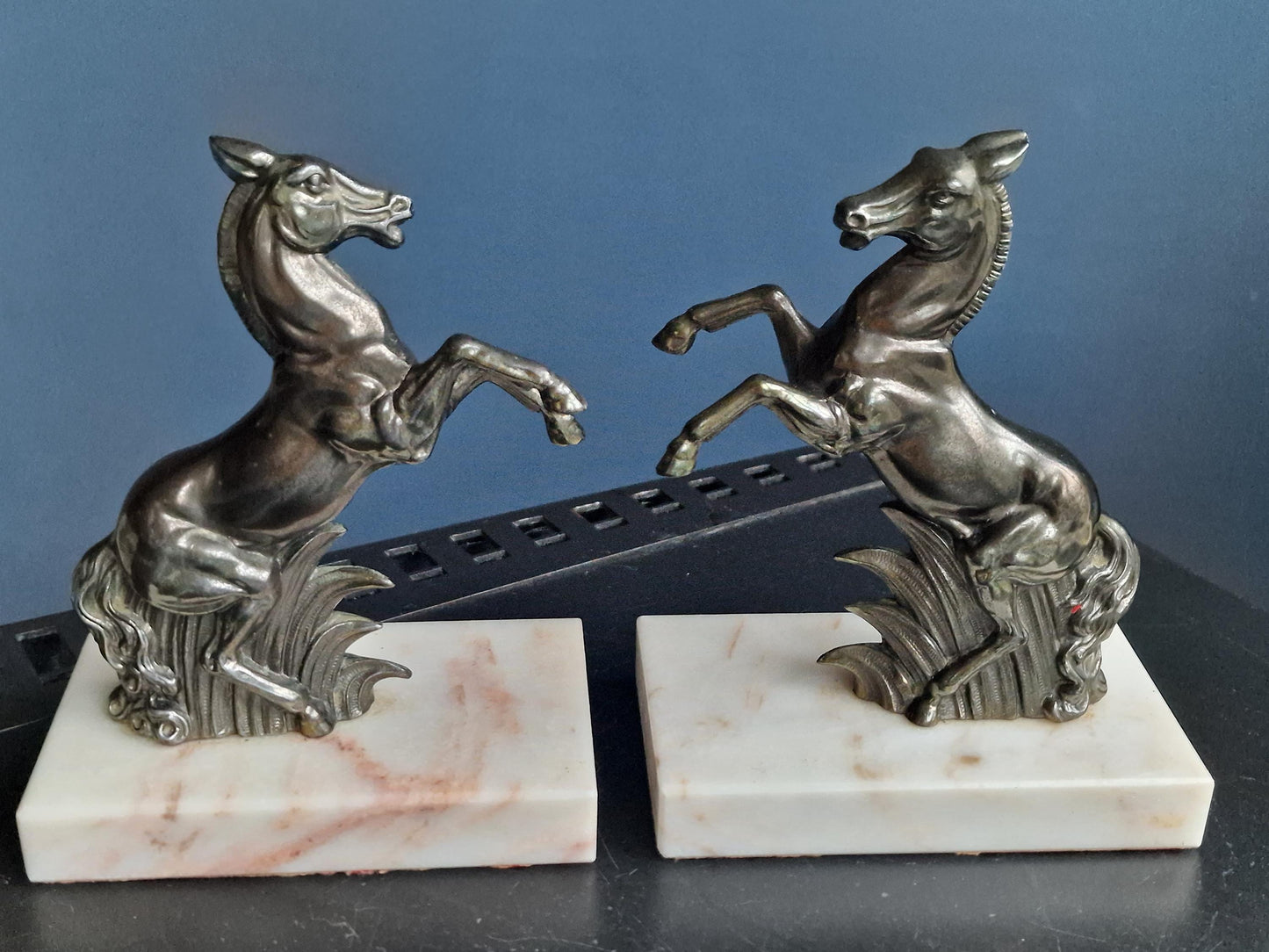 Stunning Art Deco Bronze bookends, horse, cold painted cast bronze on marbre.