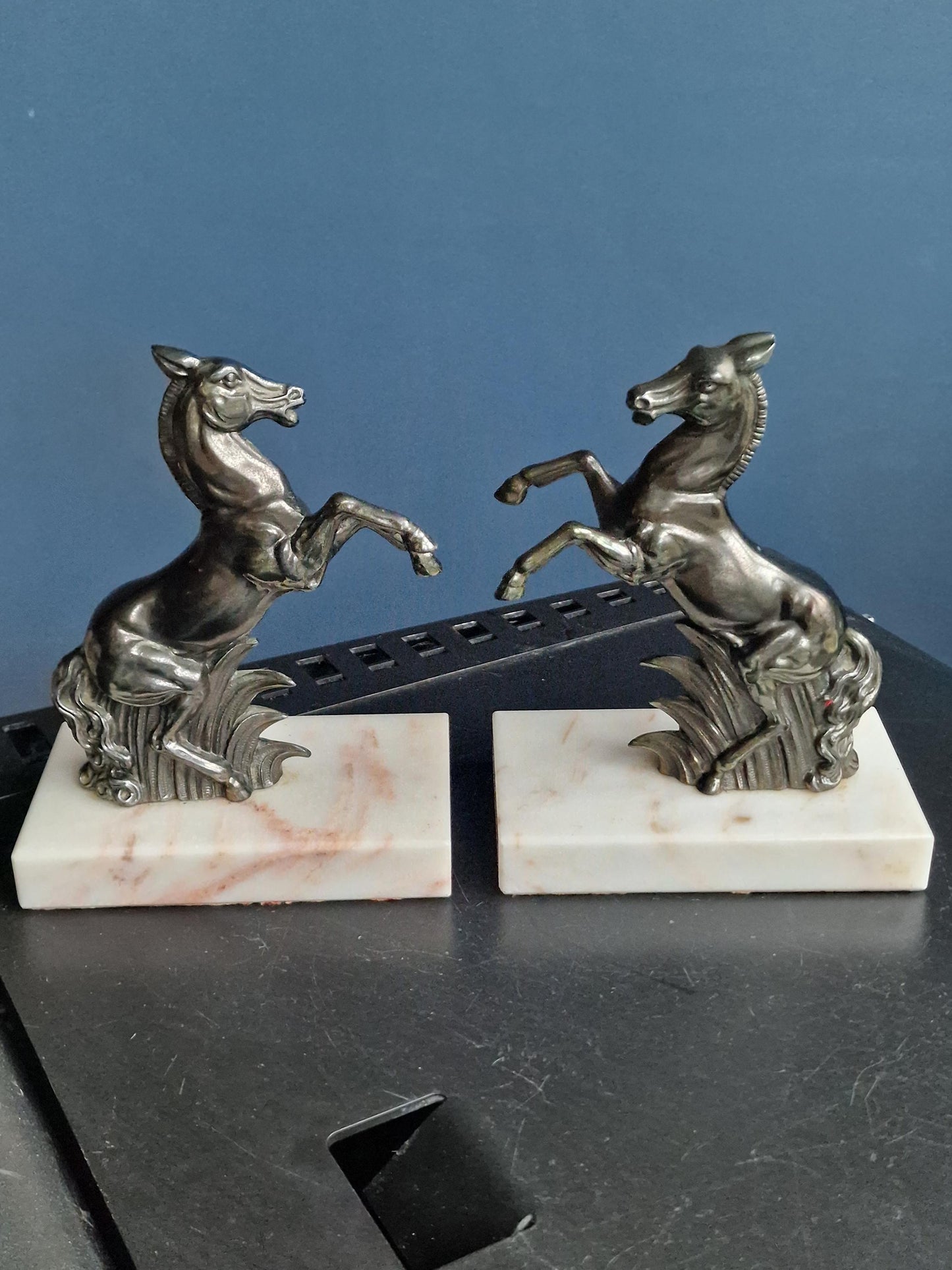 Stunning Art Deco Bronze bookends, horse, cold painted cast bronze on marbre.