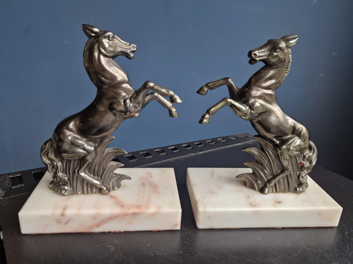 Stunning Art Deco Bronze bookends, horse, cold painted cast bronze on marbre.