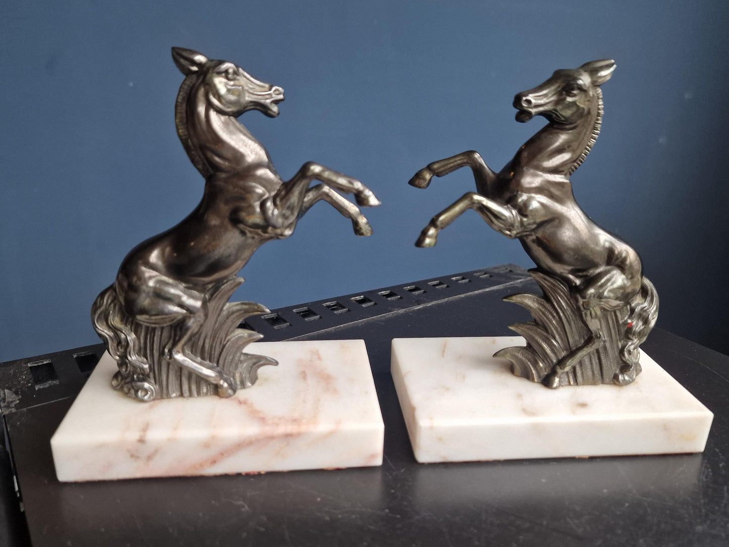Stunning Art Deco Bronze bookends, horse, cold painted cast bronze on marbre.