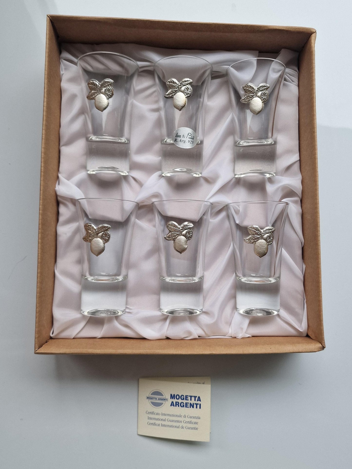 Italian Limoncello 925 silver glasses, liquer crystal , vintage italy