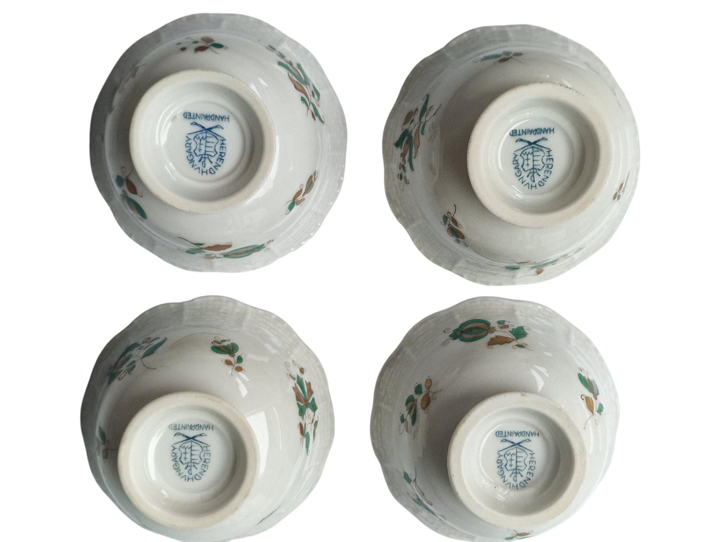 Herend Hungary, rare depiction, Set of 4 Handpainted Porcelain Bowls – Hungary, c. 1950–1960