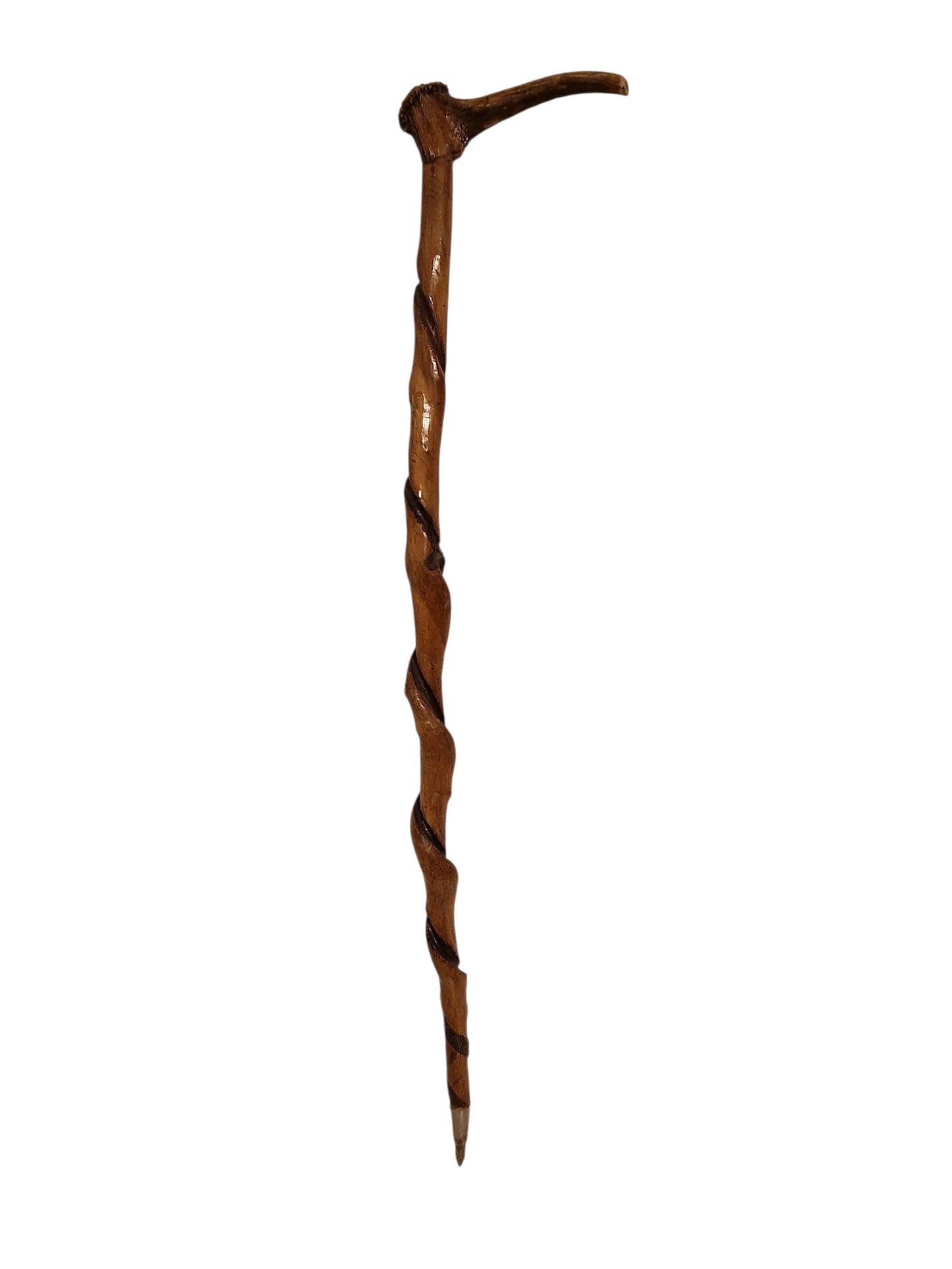 antique cane Bavarian twisted walking stick with deer antlers, european collection, flannel stick,