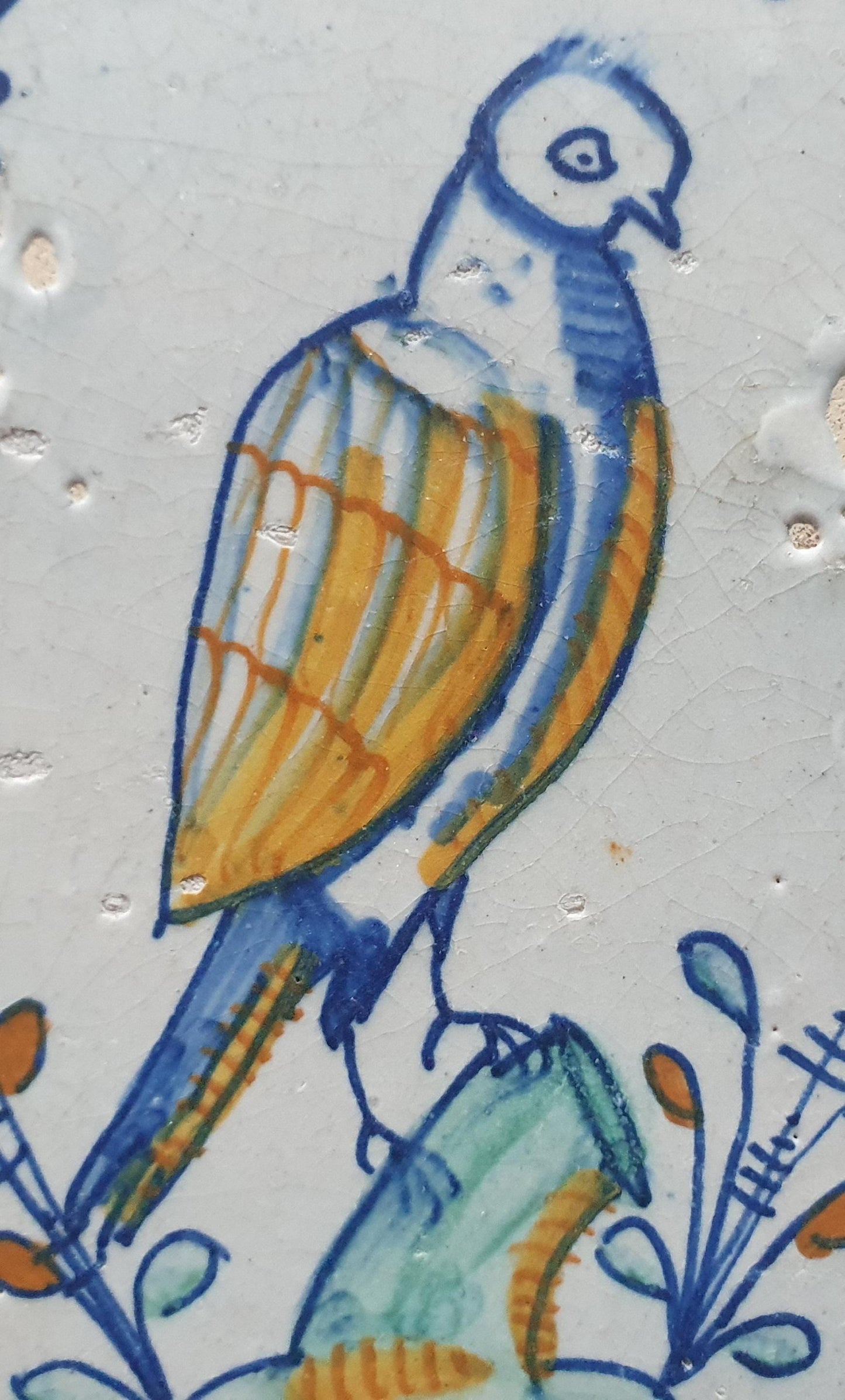 Delftse tegel met een grote vogel, polychroom; dateert rond 1640; antieke Delft Blue Dutch 17e eeuw, verzameltegel, backsplash, fireplace