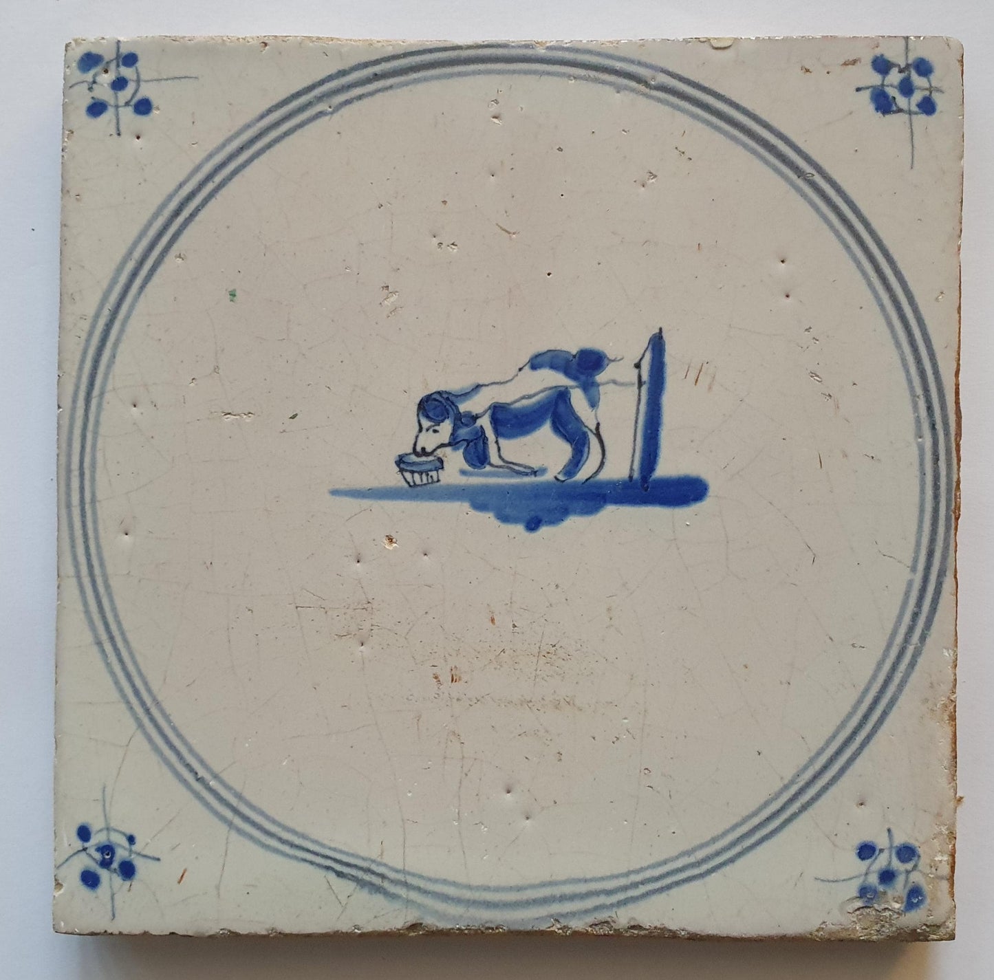 Delftse tegel met een hond aan de lijn ,circa 1780  'Springer'-type; antieke Delft Blue Dutch 18e eeuw, verzameltegel, backsplash, fireplace
