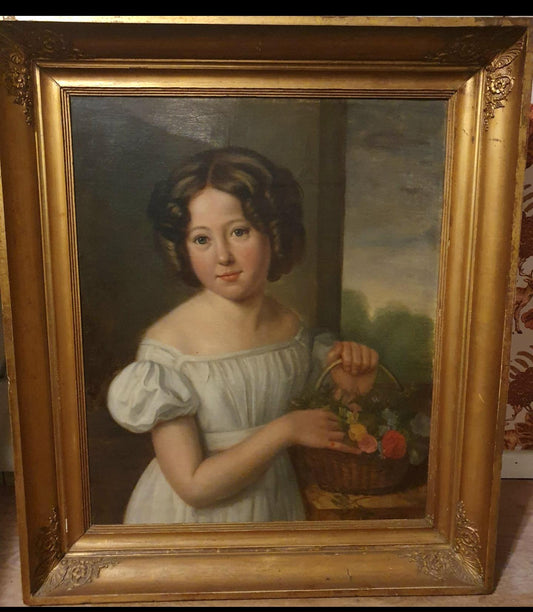 Nikolaas Pieneman (1809–1866) girl with a Flower Basket, c. 1840s, Oil on canvas, 45 x 39 cm, signed provenance: private collection