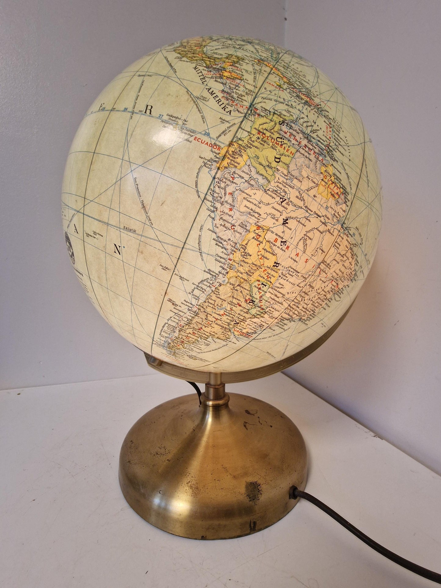 Vintage XL Light Up Glass Globe – JRO verlag Munchen, Germany, luxury brass foot, mcm wereldbol