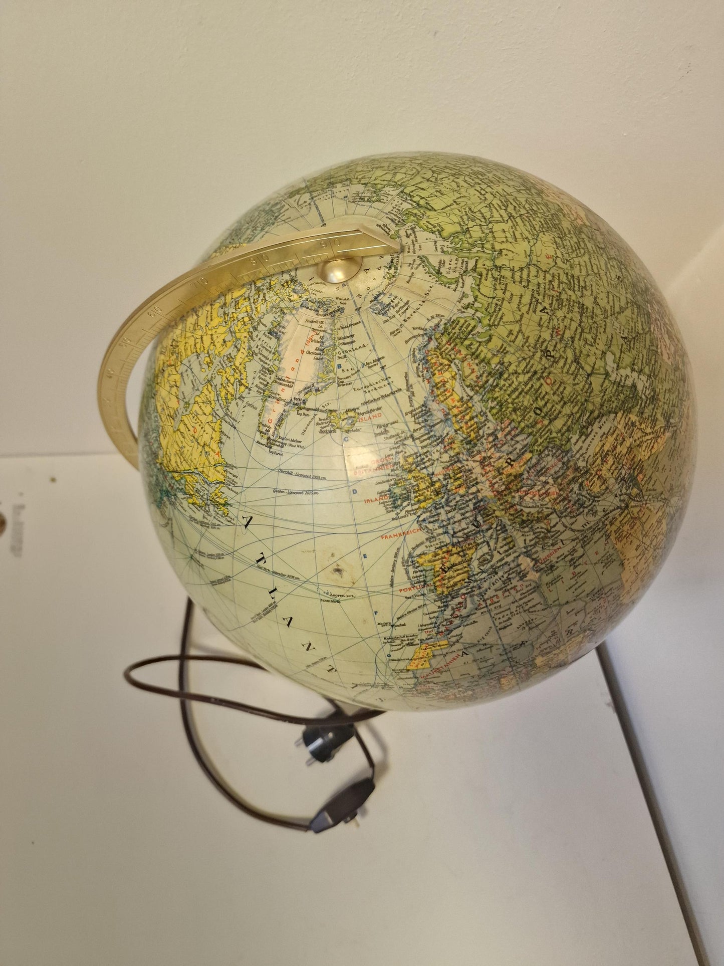 Vintage XL Light Up Glass Globe – JRO verlag Munchen, Germany, luxury brass foot, mcm wereldbol