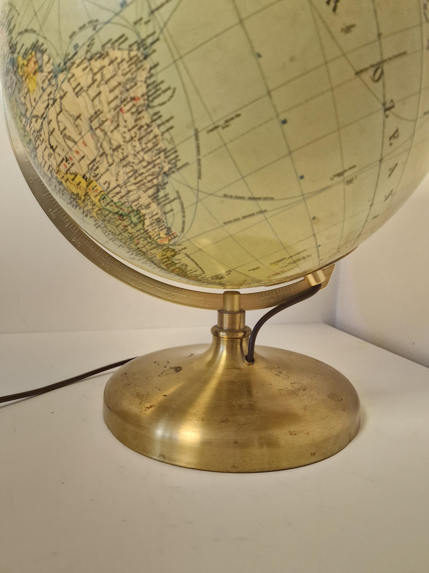 Vintage XL Light Up Glass Globe – JRO verlag Munchen, Germany, luxury brass foot, mcm wereldbol