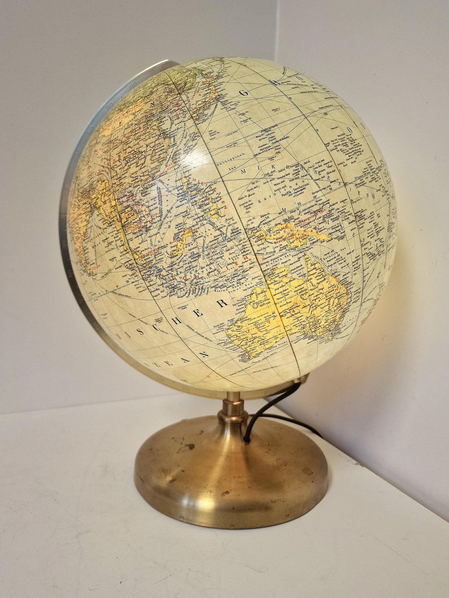 Vintage XL Light Up Glass Globe – JRO verlag Munchen, Germany, luxury brass foot, mcm wereldbol