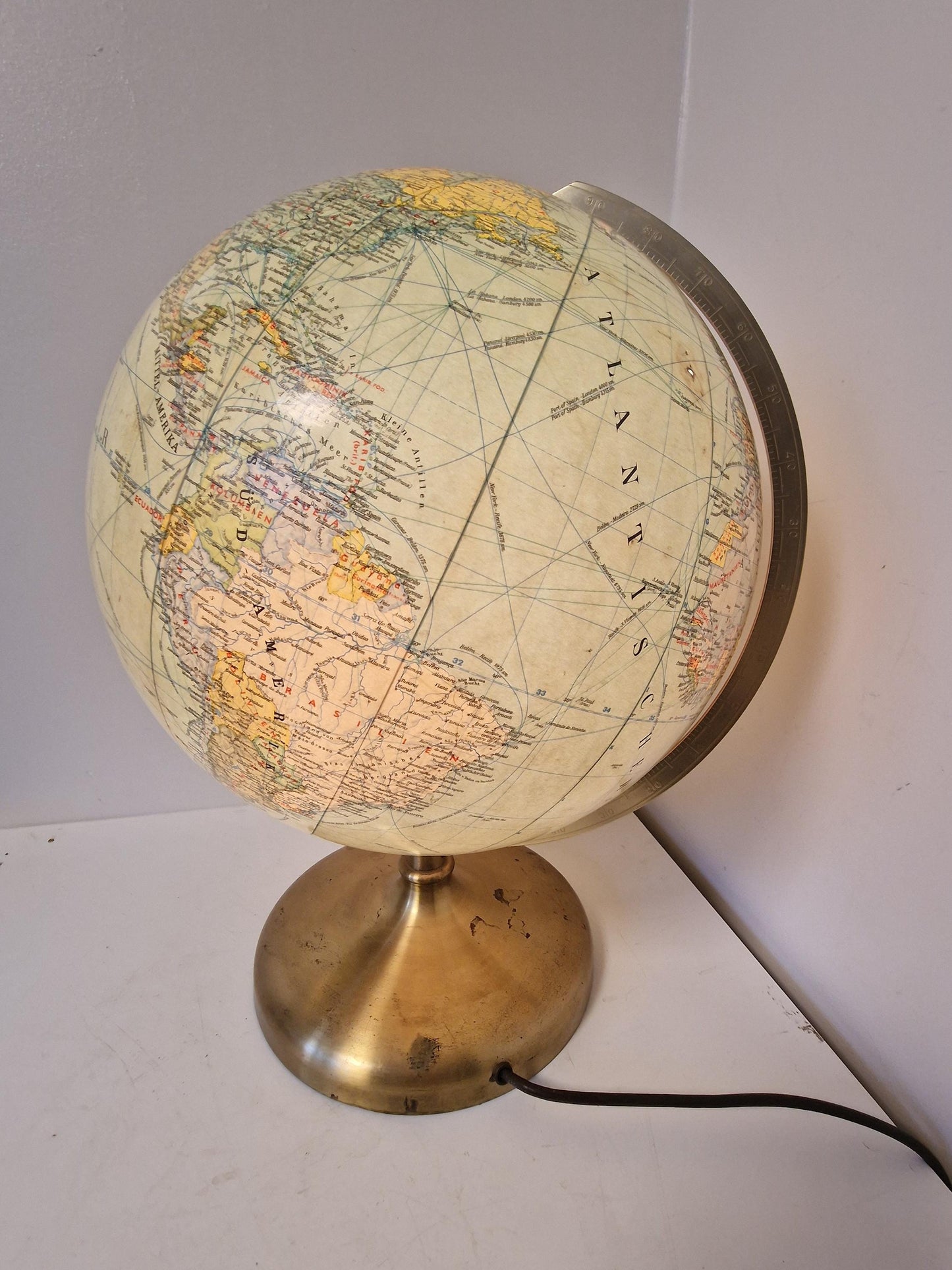Vintage XL Light Up Glass Globe – JRO verlag Munchen, Germany, luxury brass foot, mcm wereldbol