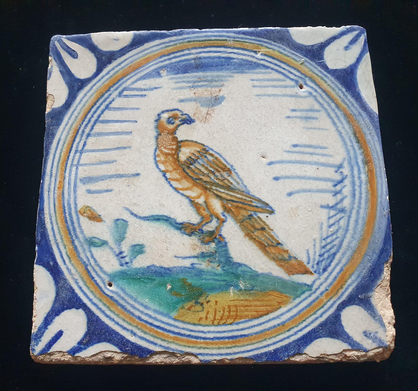 Deze zeldzame Delftse tegel uit de 17e eeuw, beschilderd rond 1620, toont een  roofvogel op een tak . ;  verzameltegel.
