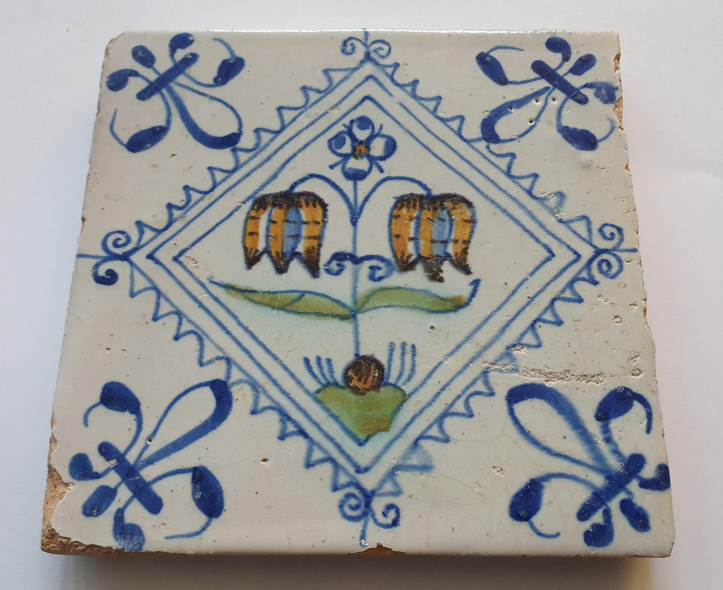 Een polychrome Hollandse tegel deze is gemaakt rond 1650 en toont een Fritillaria (Slangenkopbloem);  Dutch 17e eeuw, verzameltegel.