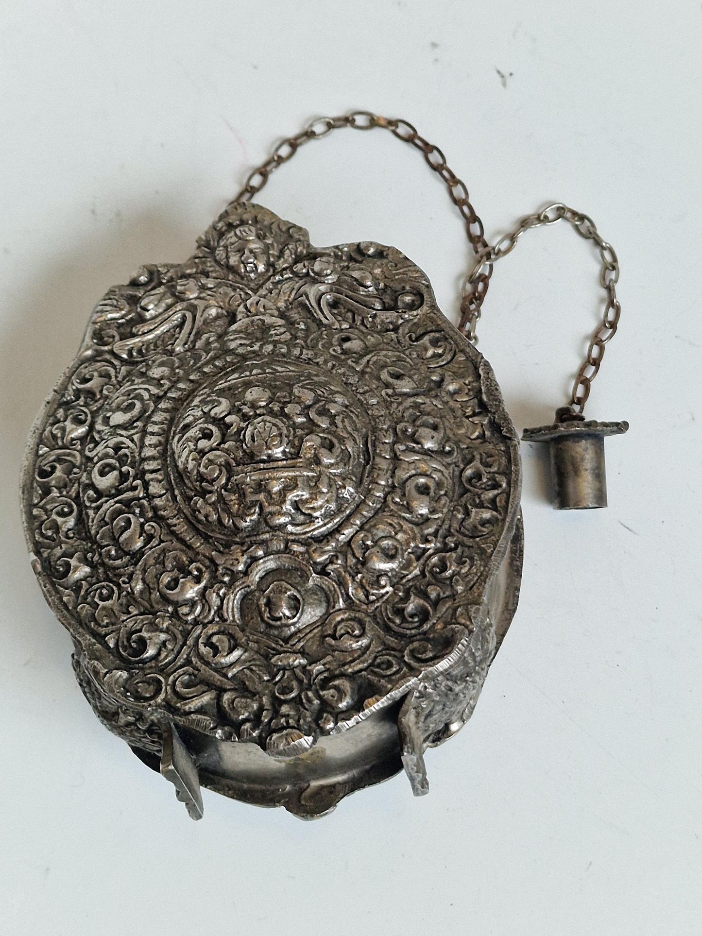Antique engraved Silver Tone and Bronze Gunpowder Flask- 20th century