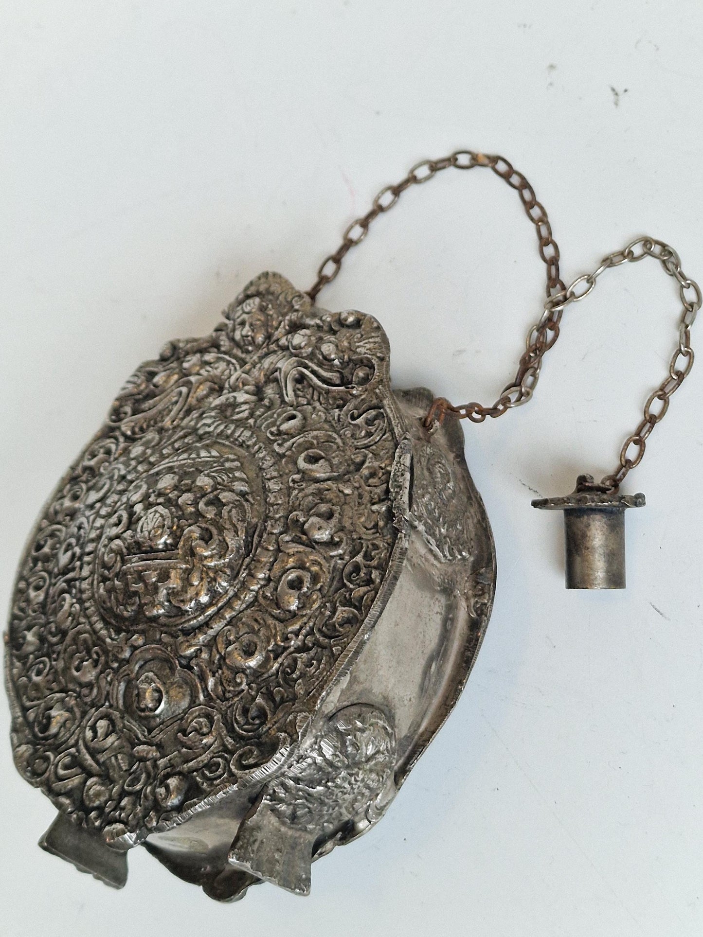 Antique engraved Silver Tone and Bronze Gunpowder Flask- 20th century