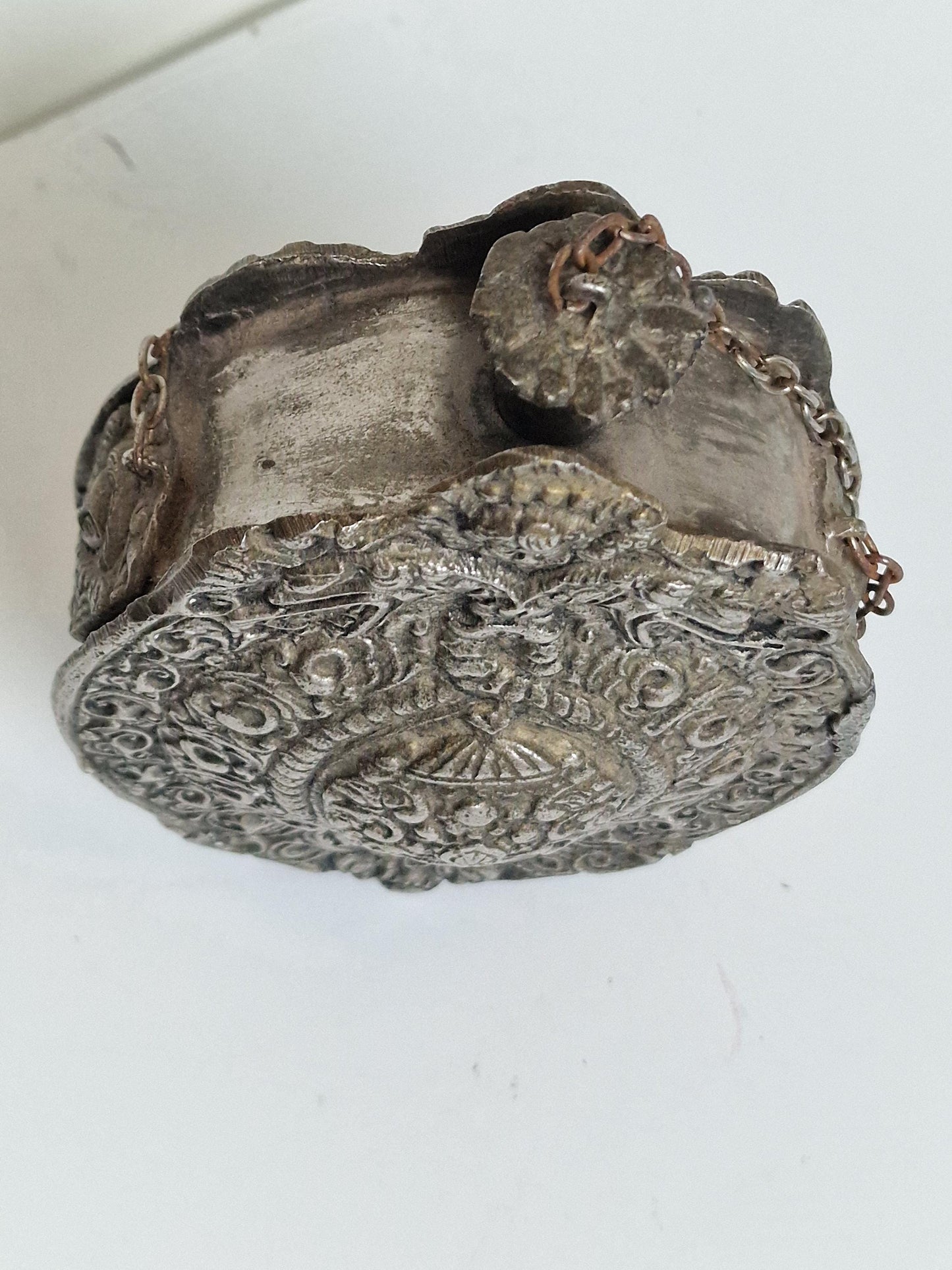Antique engraved Silver Tone and Bronze Gunpowder Flask- 20th century