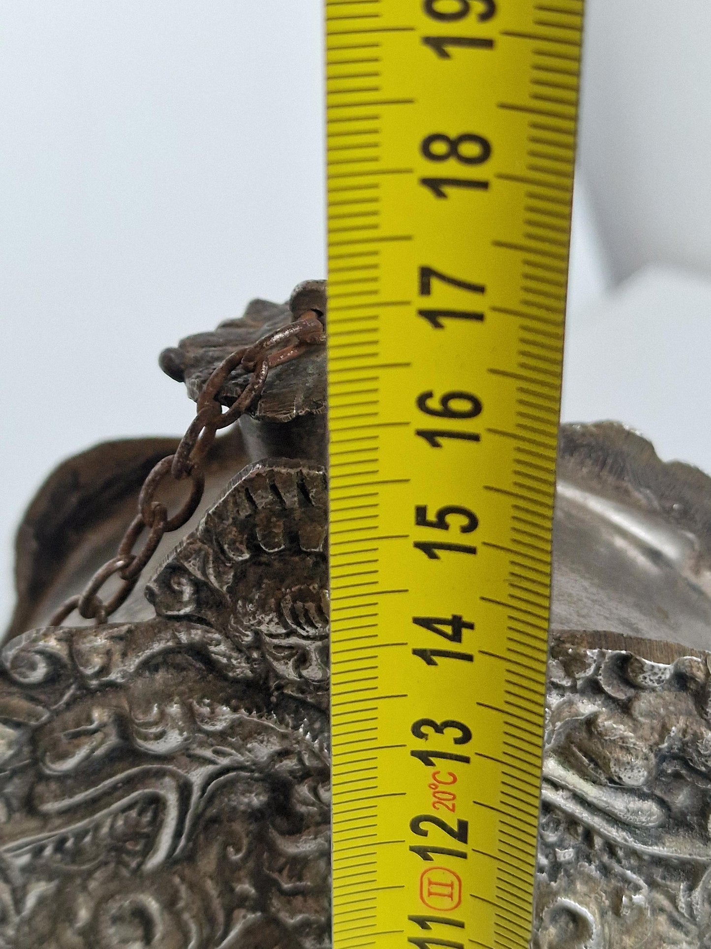Antique engraved Silver Tone and Bronze Gunpowder Flask- 20th century