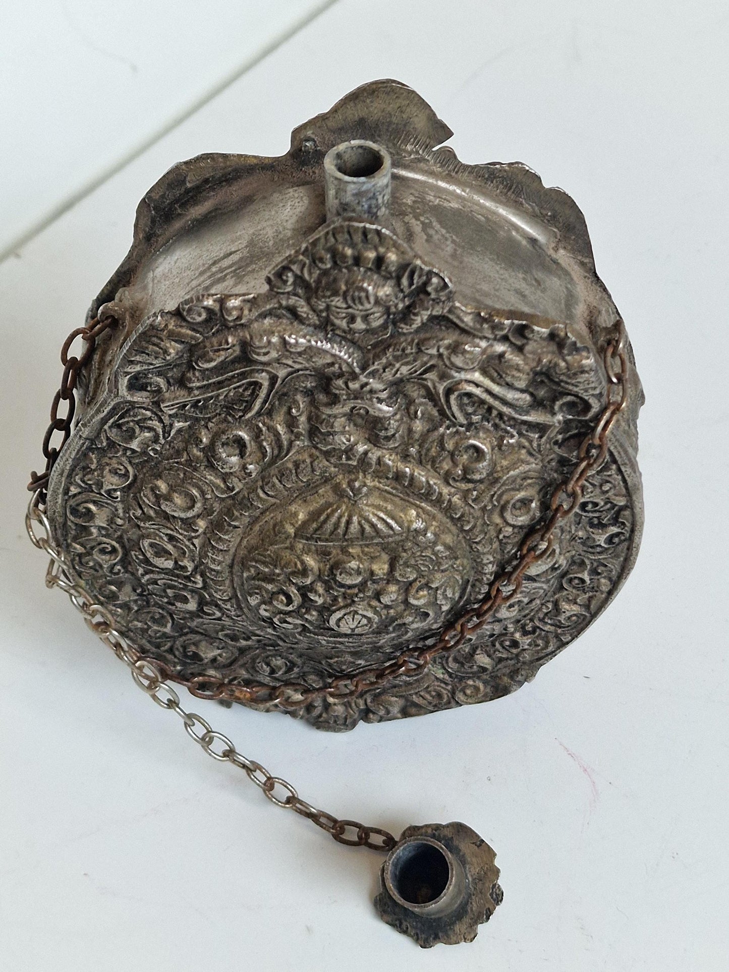 Antique engraved Silver Tone and Bronze Gunpowder Flask- 20th century