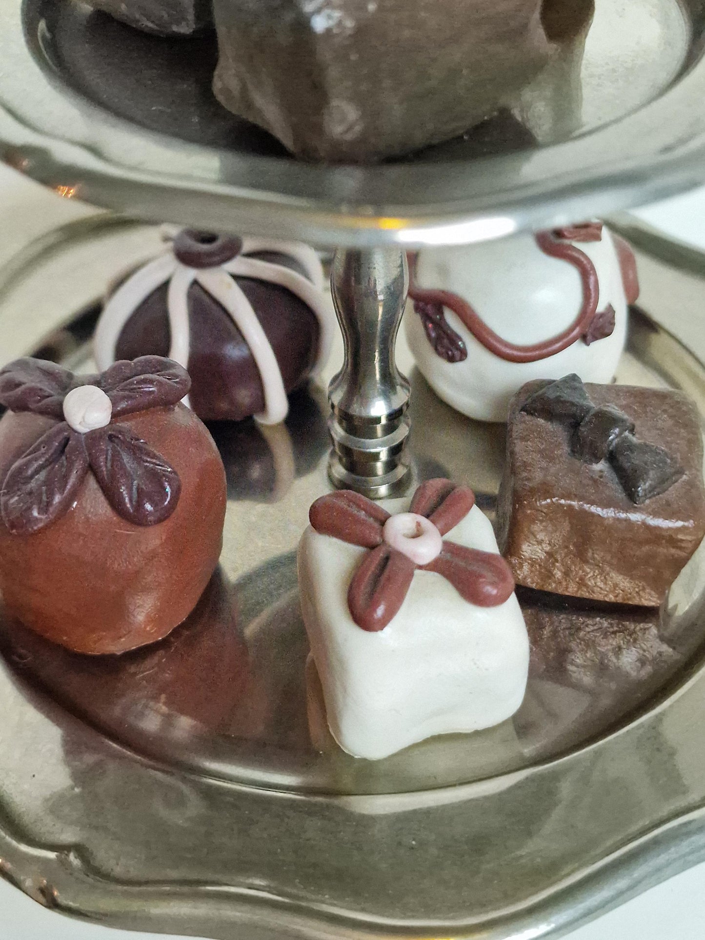 Vintage Pewter Two-Tier Server with Faux Chocolates, Shabby Chic
