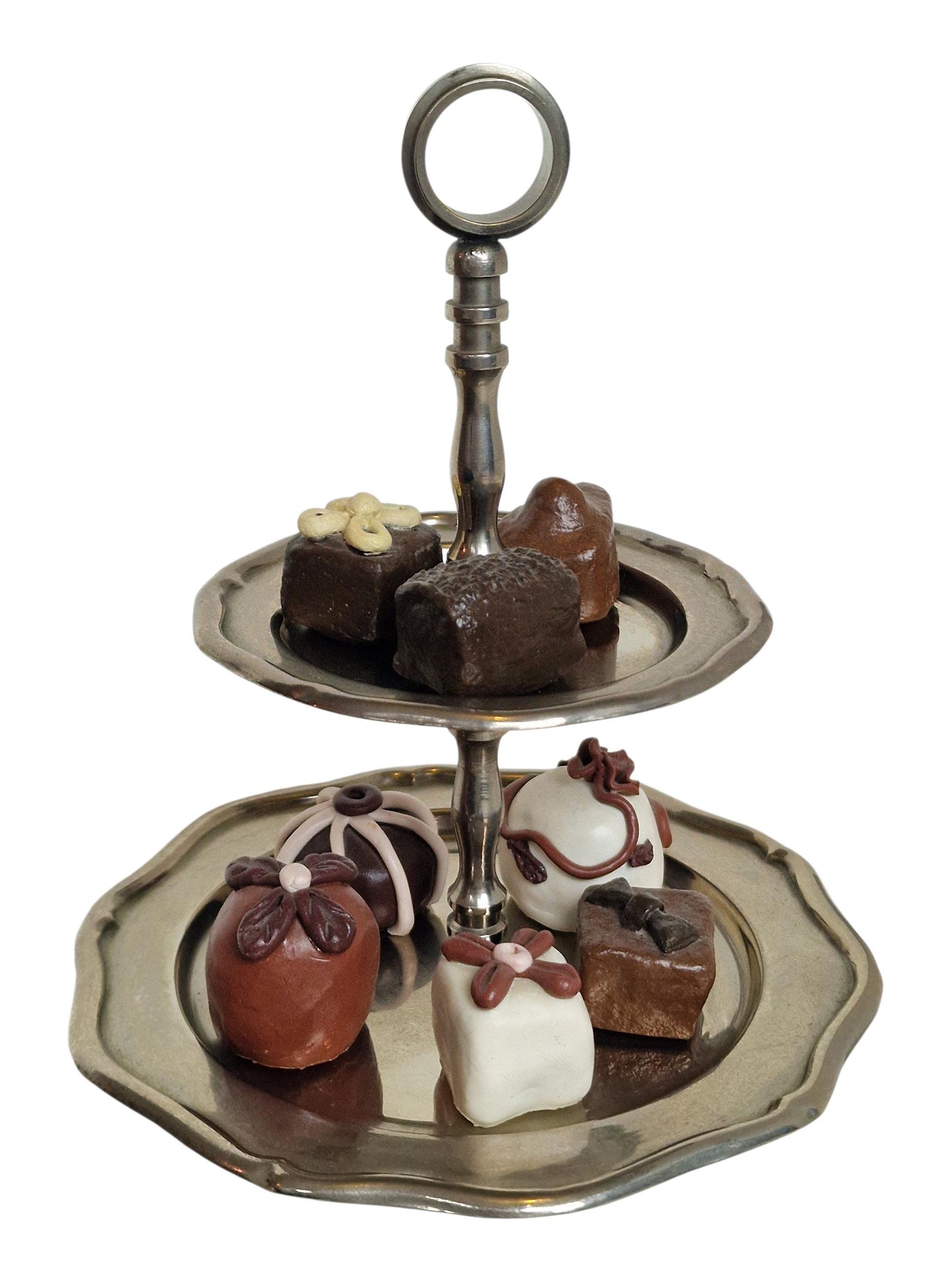 Vintage Pewter Two-Tier Server with Faux Chocolates, Shabby Chic
