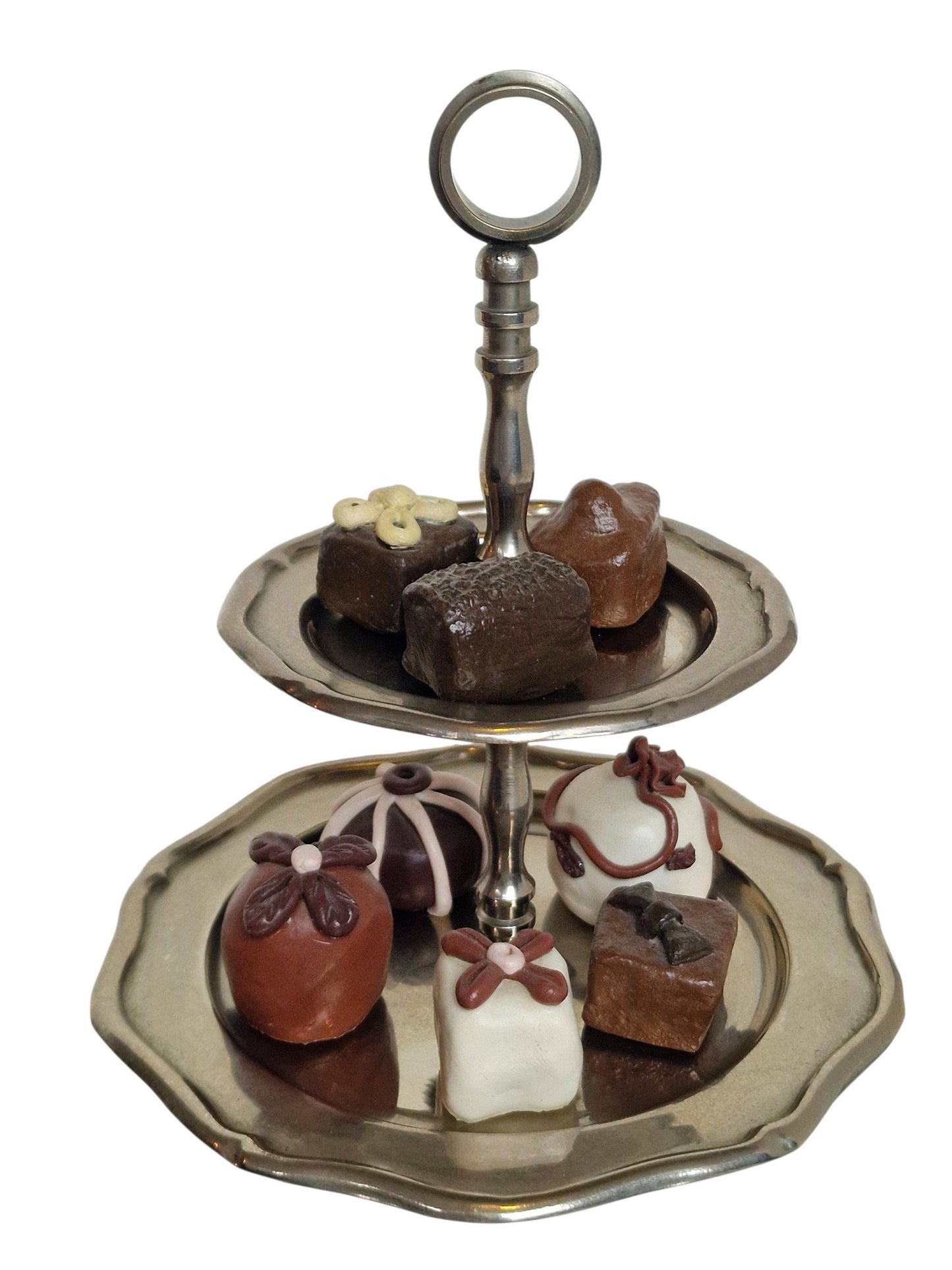 Vintage Pewter Two-Tier Server with Faux Chocolates, Shabby Chic