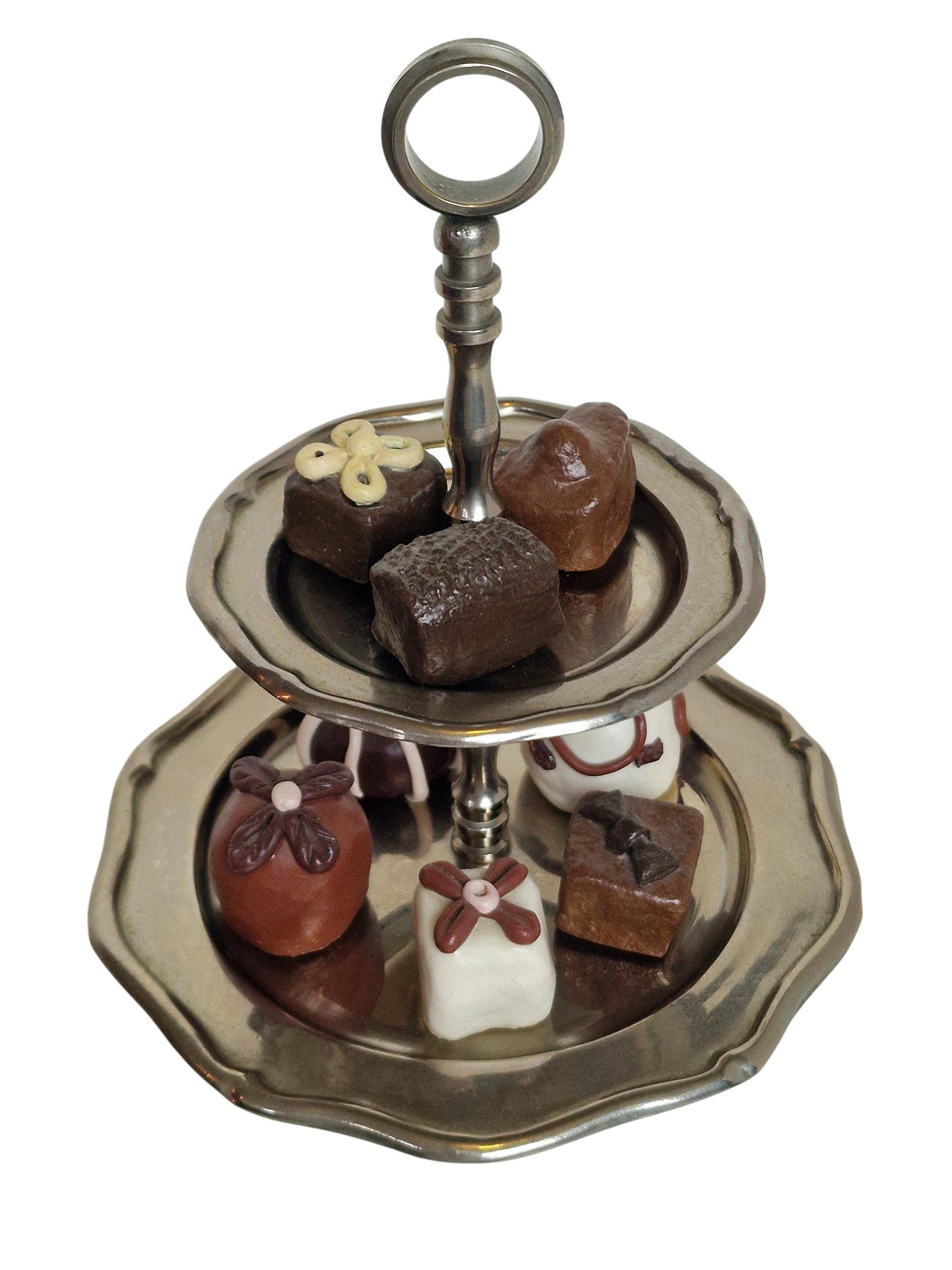 Vintage Pewter Two-Tier Server with Faux Chocolates, Shabby Chic