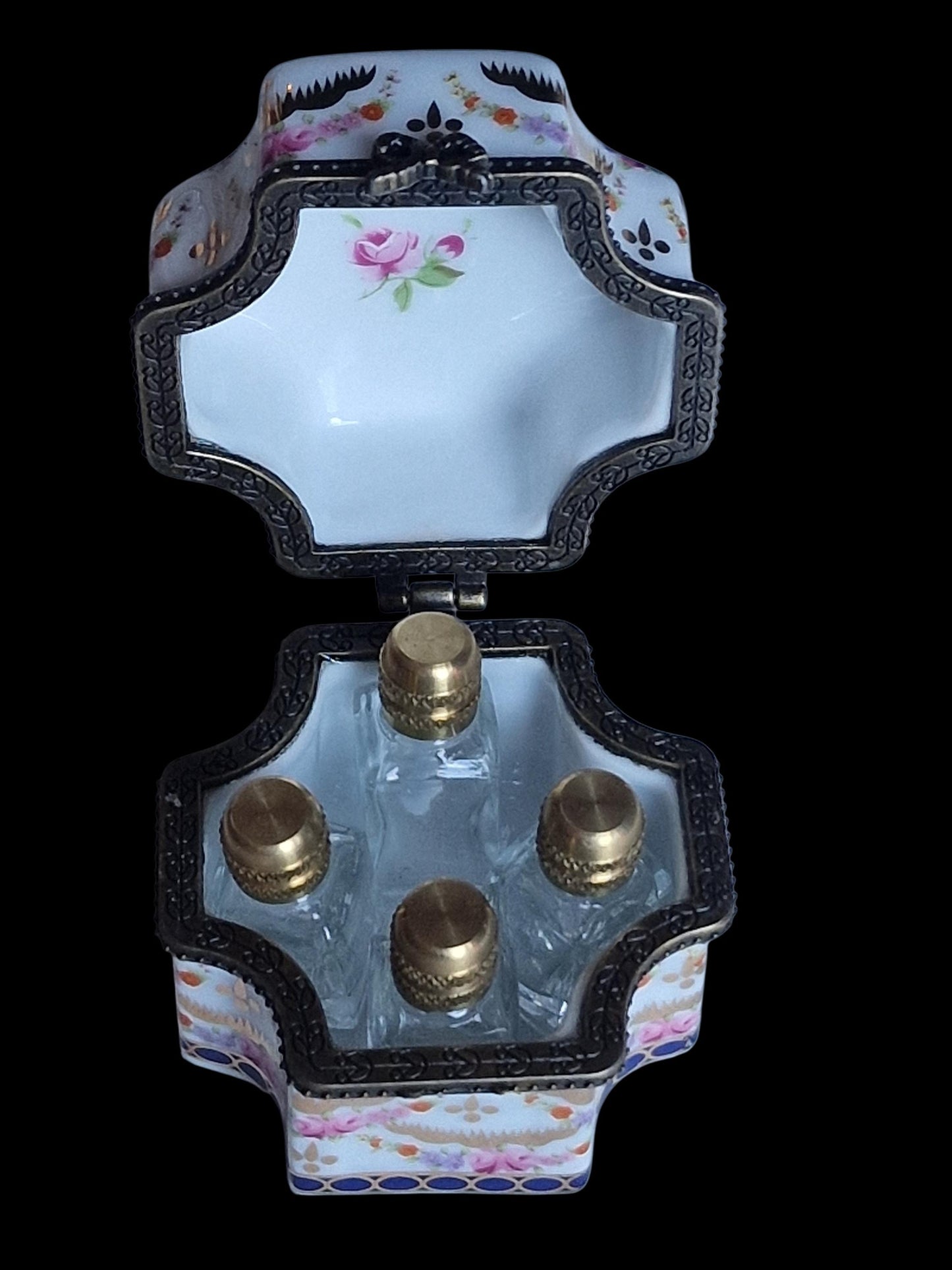 Perfume cascet porcelain with 4 perfume bottles, romantic