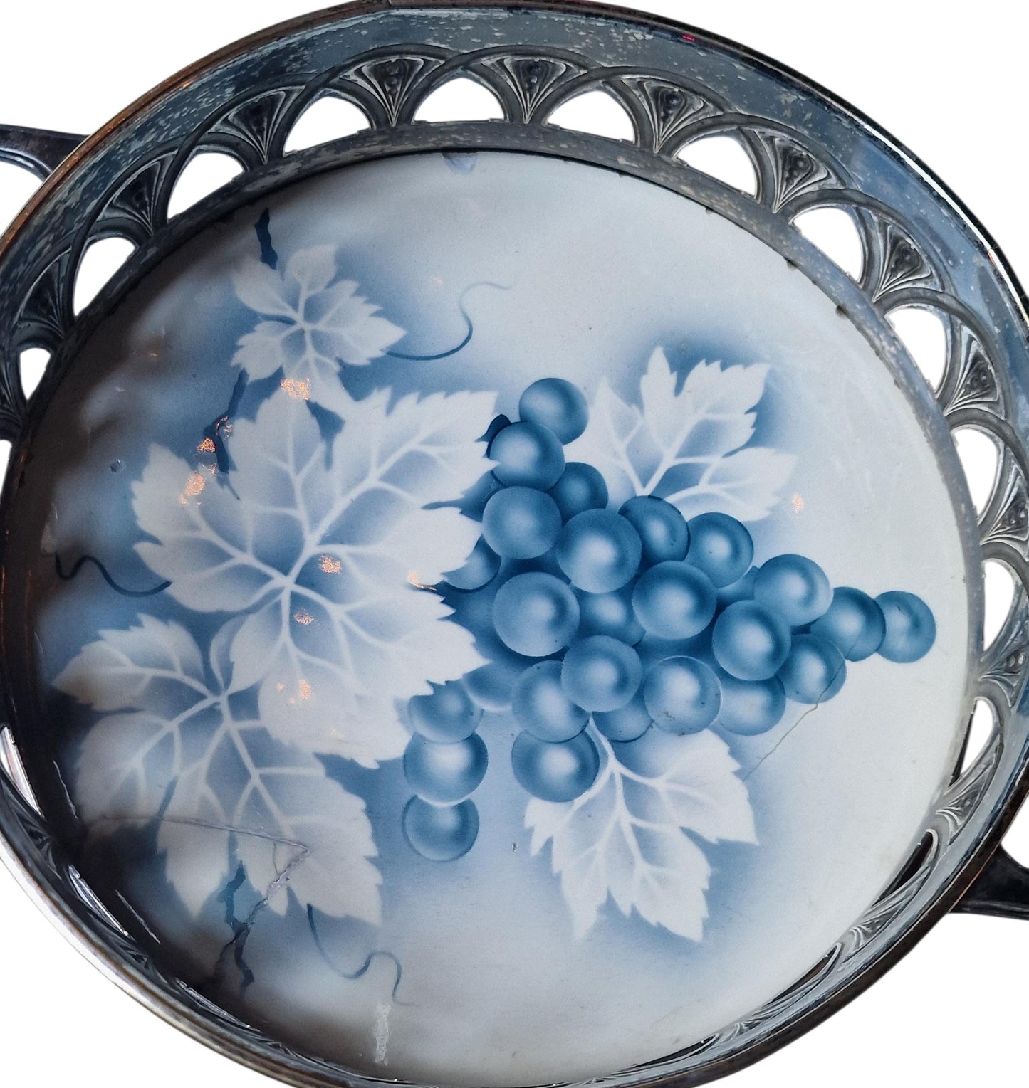 Art Nouveau Grape Dish with Ceramic Insert and silvered Mount, c.1900–1925,  original Art Nouveau Jugendstil grape server platter basket