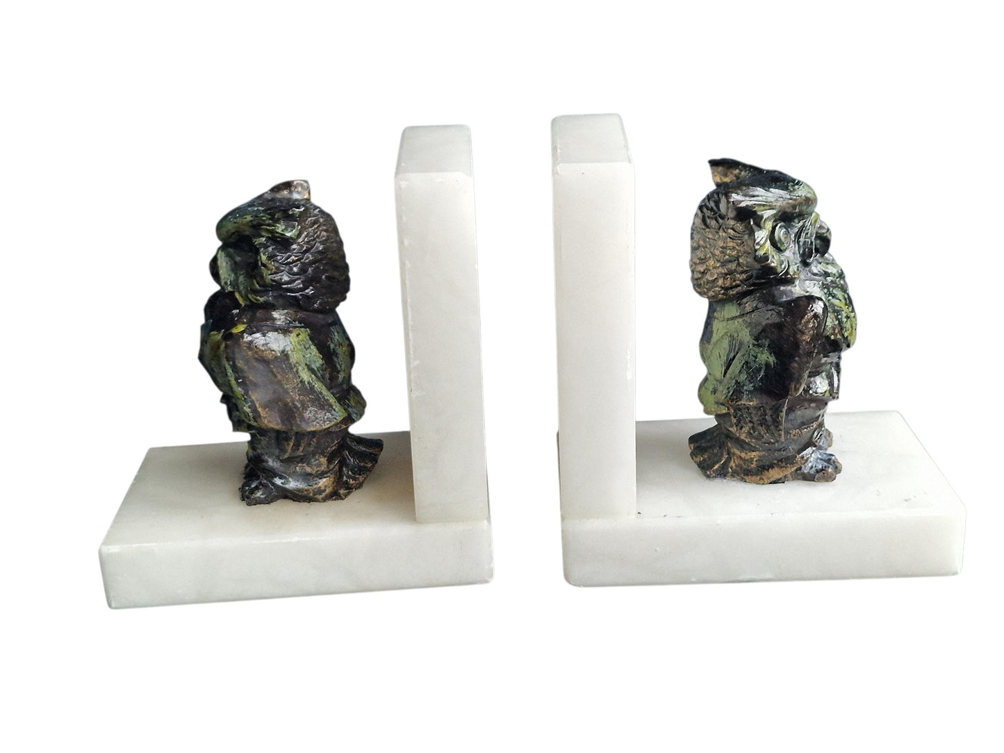 Art Deco Bronze Owl Bookends, Cold Painted, Carara Marble