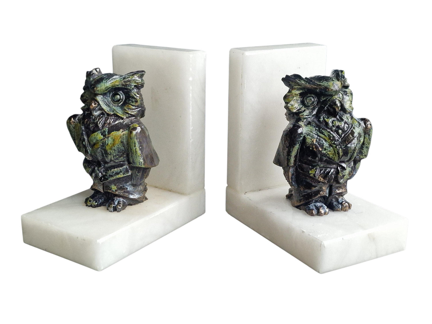 Art Deco Bronze Owl Bookends, Cold Painted, Carara Marble