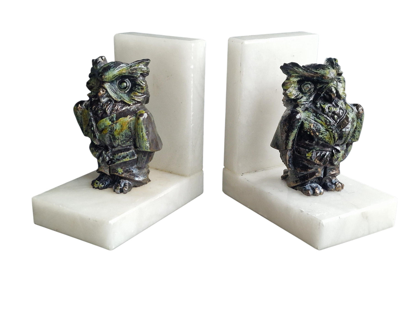 Art Deco Bronze Owl Bookends, Cold Painted, Carara Marble