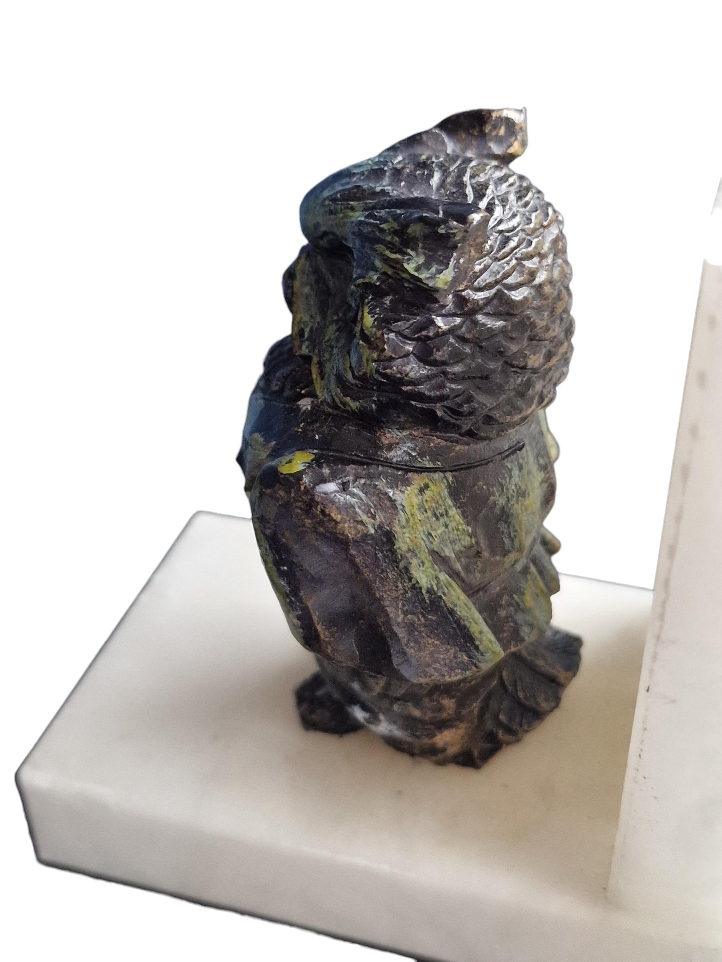 Art Deco Bronze Owl Bookends, Cold Painted, Carara Marble