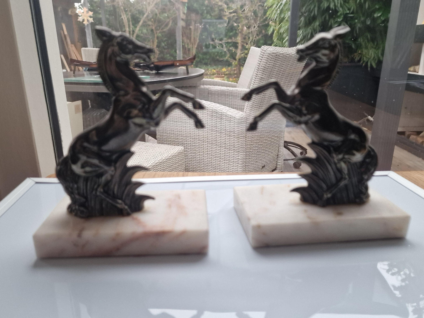 Stunning Art Deco Bronze bookends, horse, cold painted cast bronze on marbre.