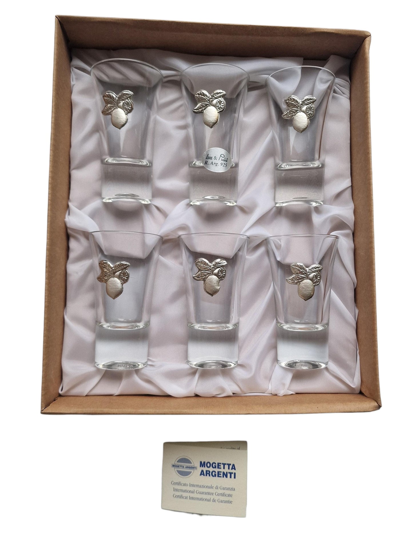 Italian Limoncello 925 silver glasses, liquer crystal , vintage italy