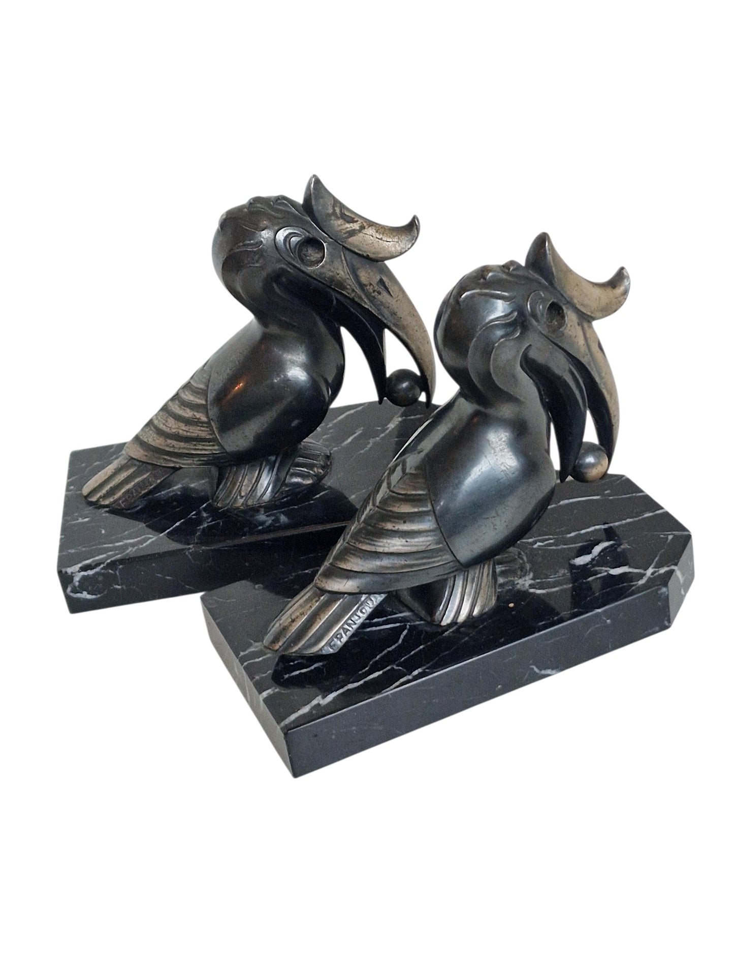 Signed Maurice Frecourt Bronze Toucan Bookends - French Kubism Antique Pair