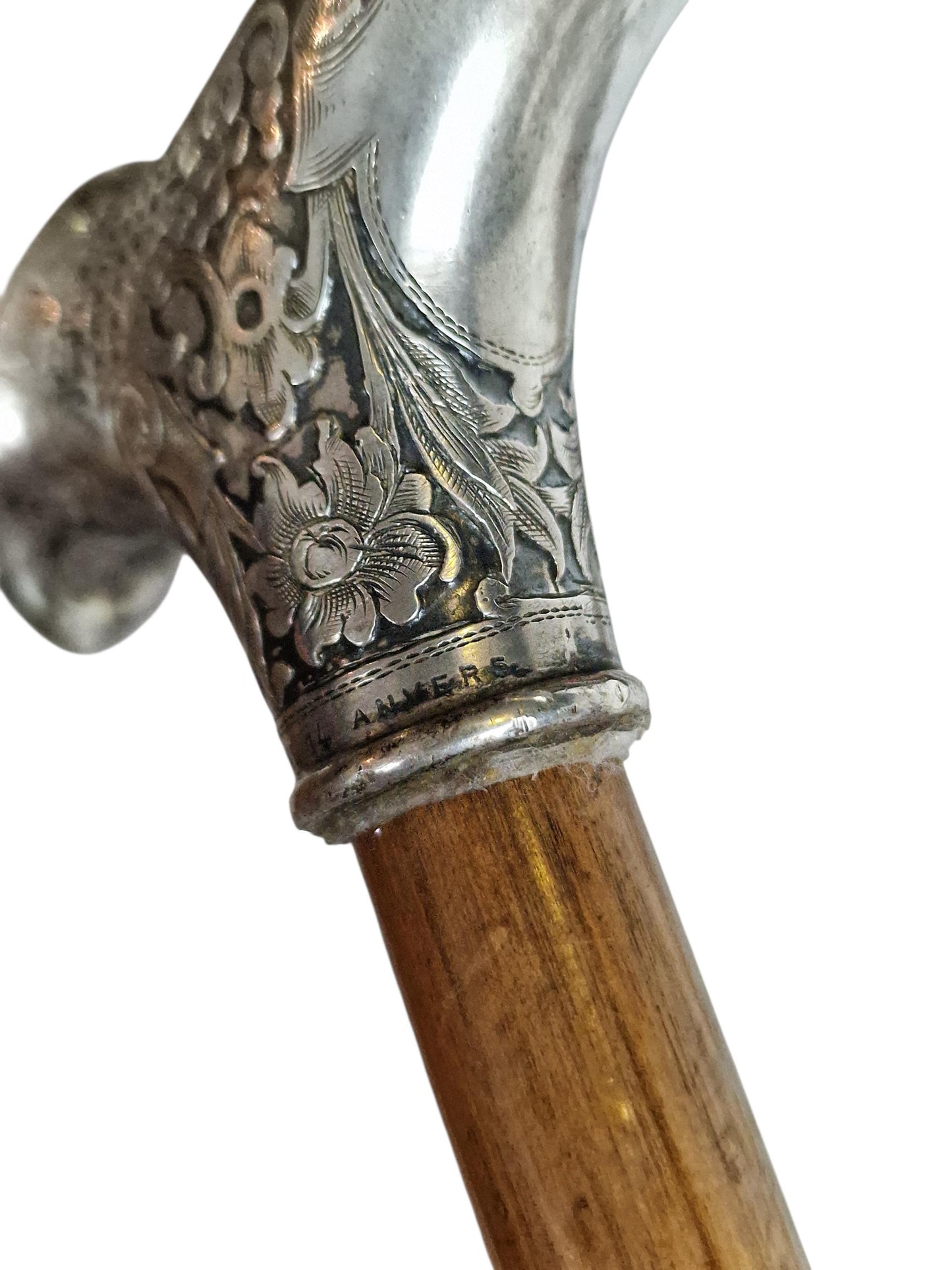 Antique Engraved Silver Walking Cane, Antwerp Belgium