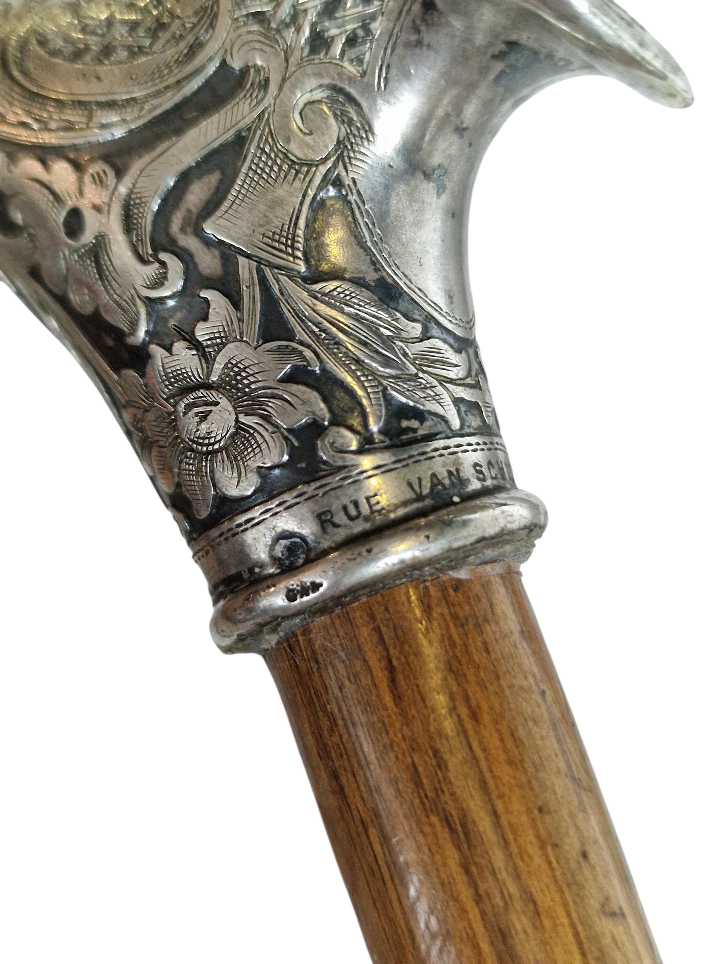 Antique Engraved Silver Walking Cane, Antwerp Belgium
