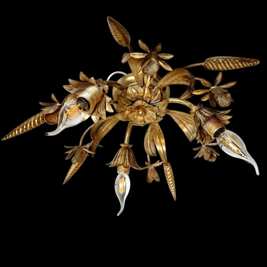 Gold Gilt Corn Lustre Ceiling Chandelier, Hans Kögl, 1960s Hollywood Regency