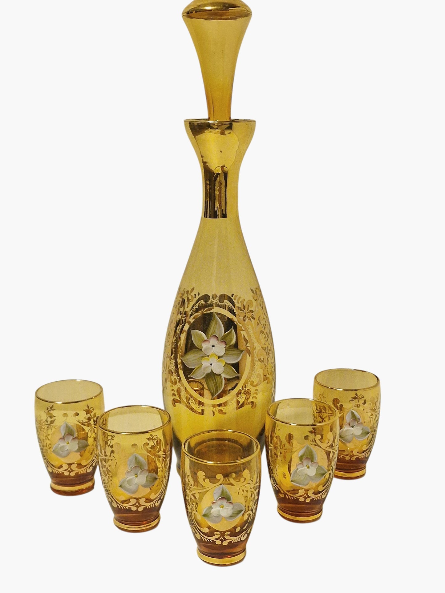 Murano Amber Decanter Set, 24K Gold Floral Liquor Carafe, Mid-Century Italian Glass