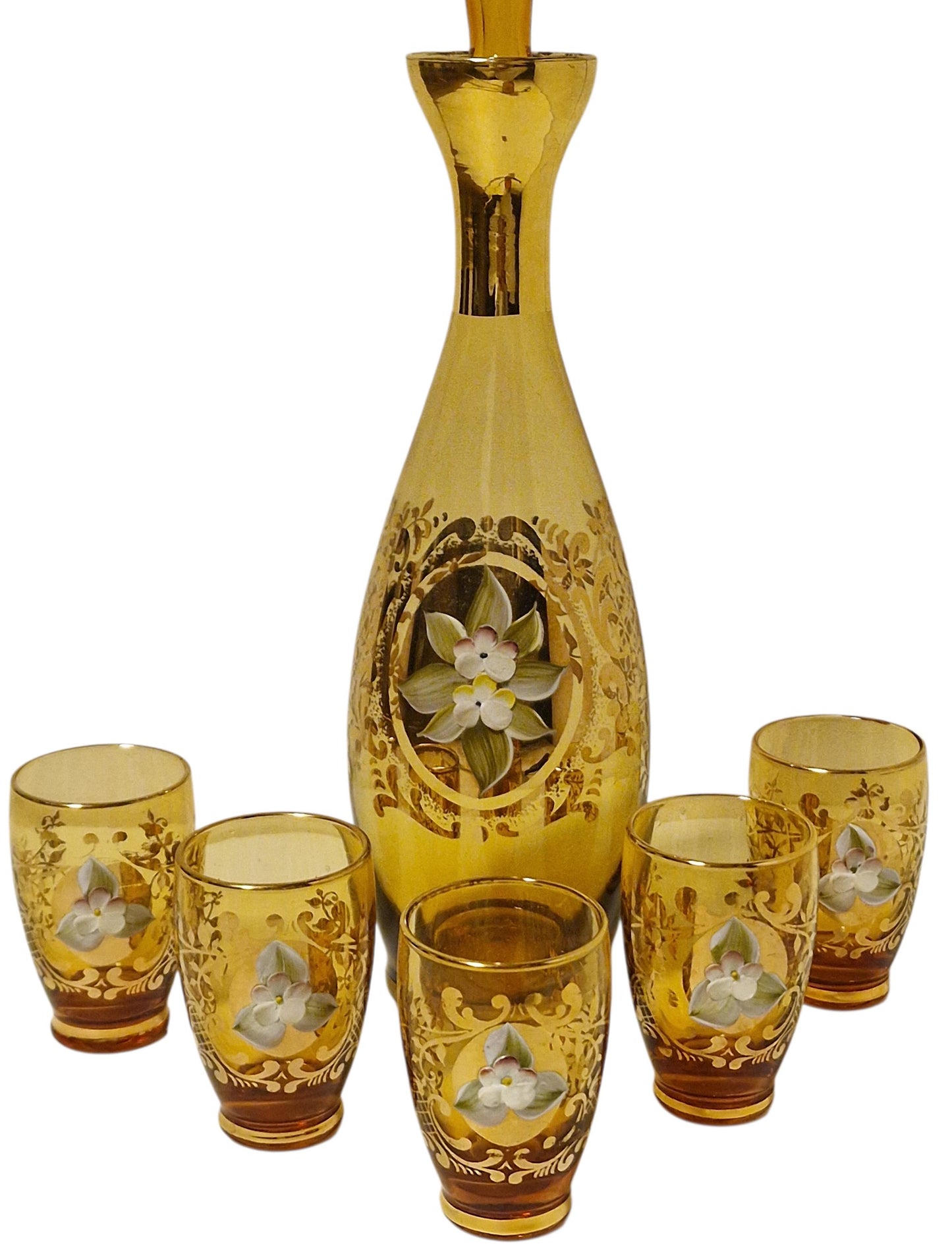 Murano Amber Decanter Set, 24K Gold Floral Liquor Carafe, Mid-Century Italian Glass