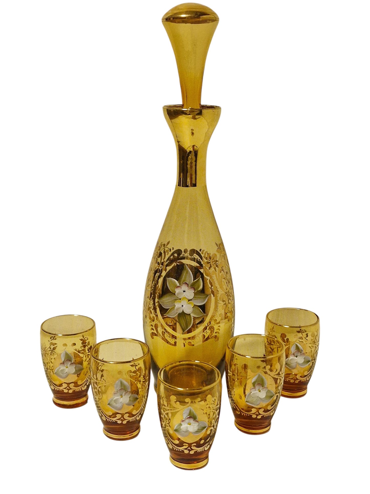 Murano Amber Decanter Set, 24K Gold Floral Liquor Carafe, Mid-Century Italian Glass