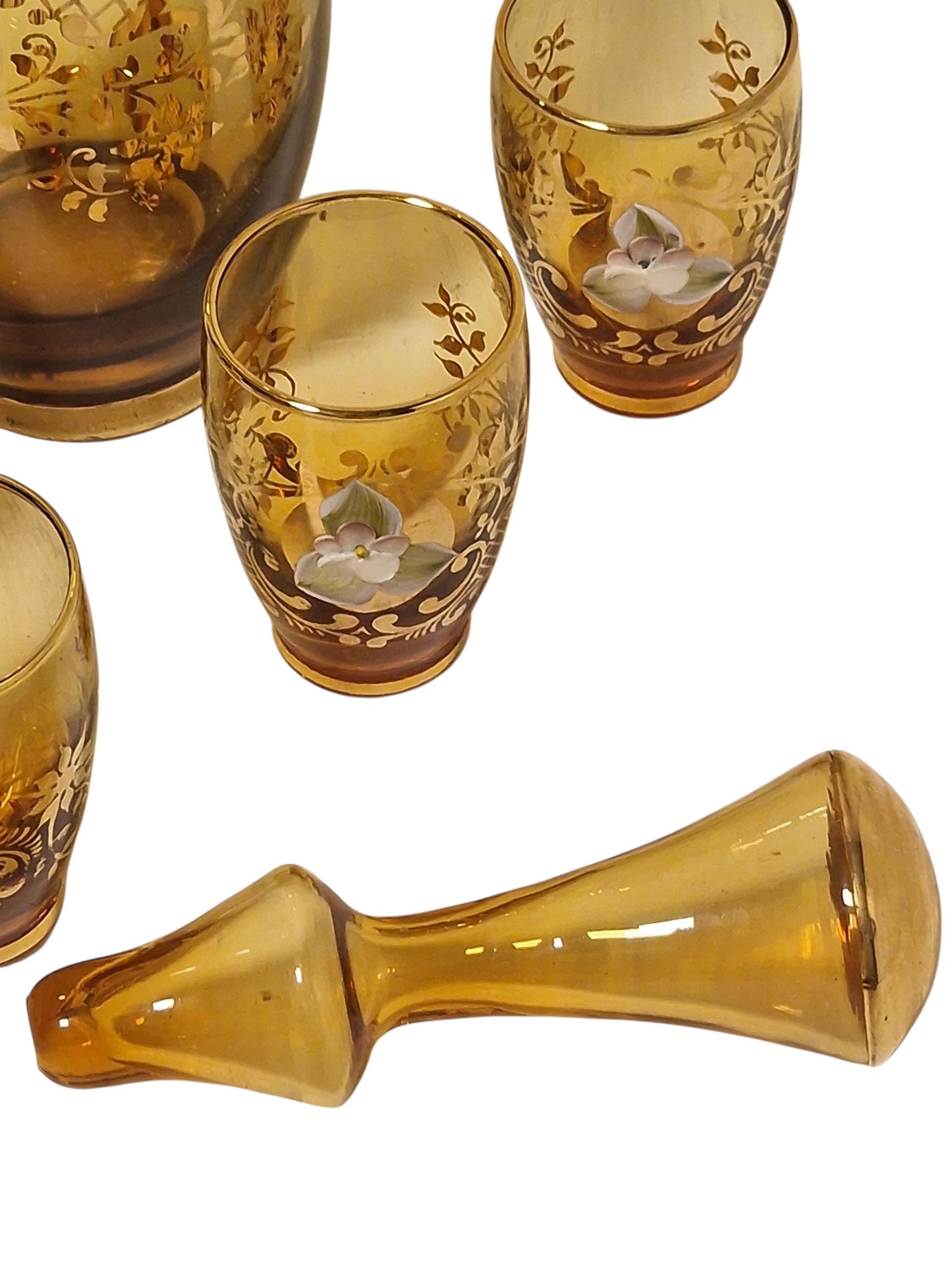 Murano Amber Decanter Set, 24K Gold Floral Liquor Carafe, Mid-Century Italian Glass