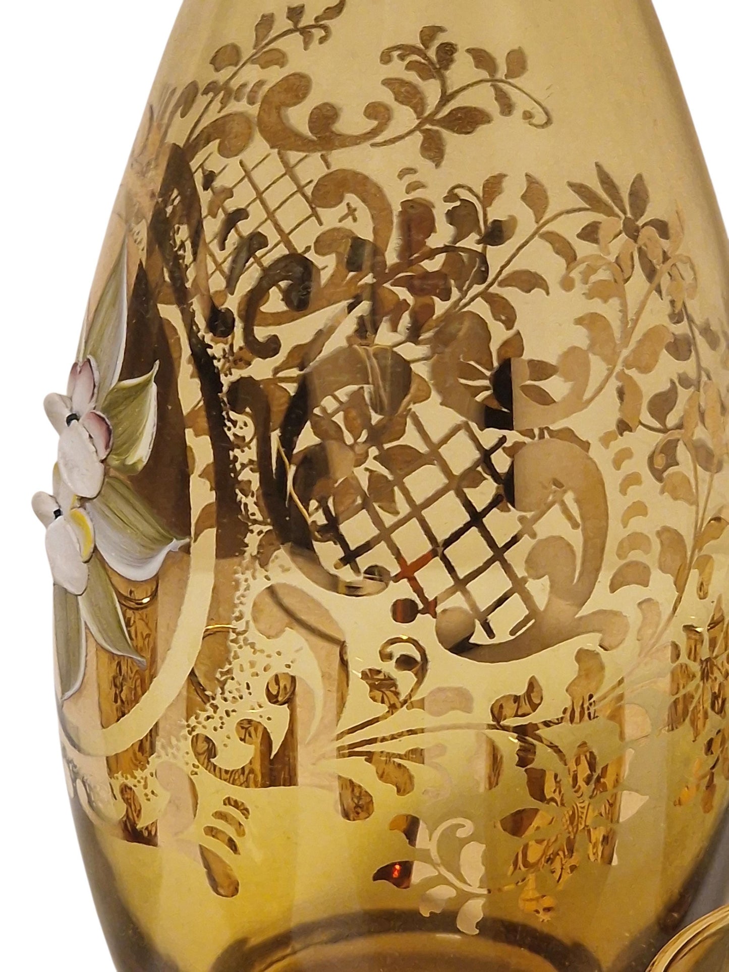 Murano Amber Decanter Set, 24K Gold Floral Liquor Carafe, Mid-Century Italian Glass