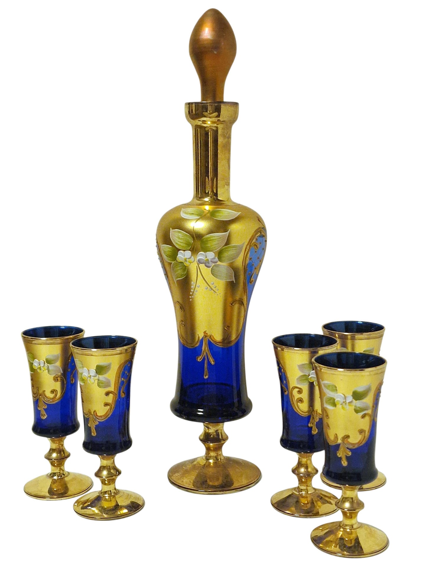 Murano Decanter & Sherry Glasses Set, 24K Gold Cobalt, Mid-Century Barware
