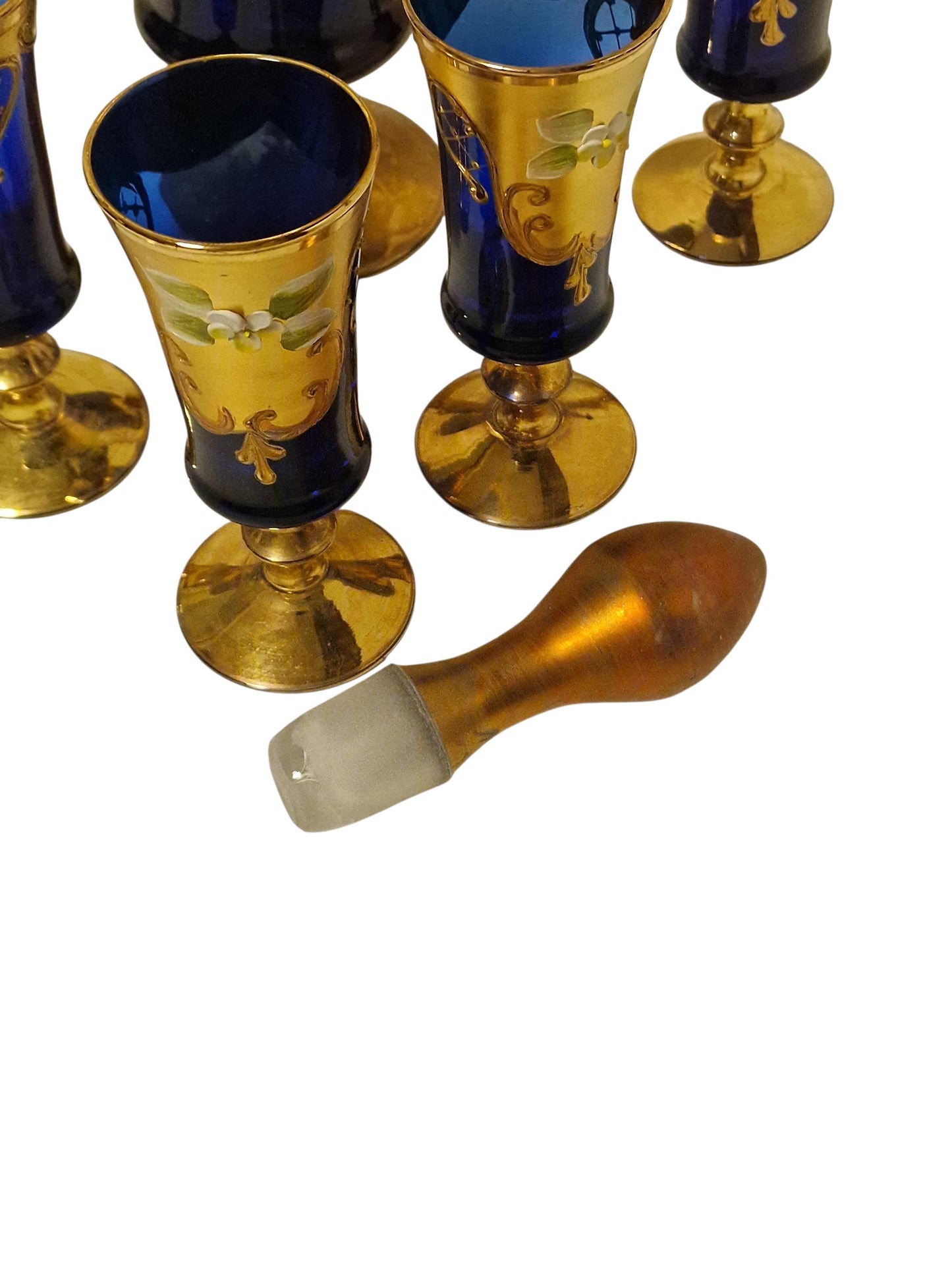 Murano Decanter & Sherry Glasses Set, 24K Gold Cobalt, Mid-Century Barware