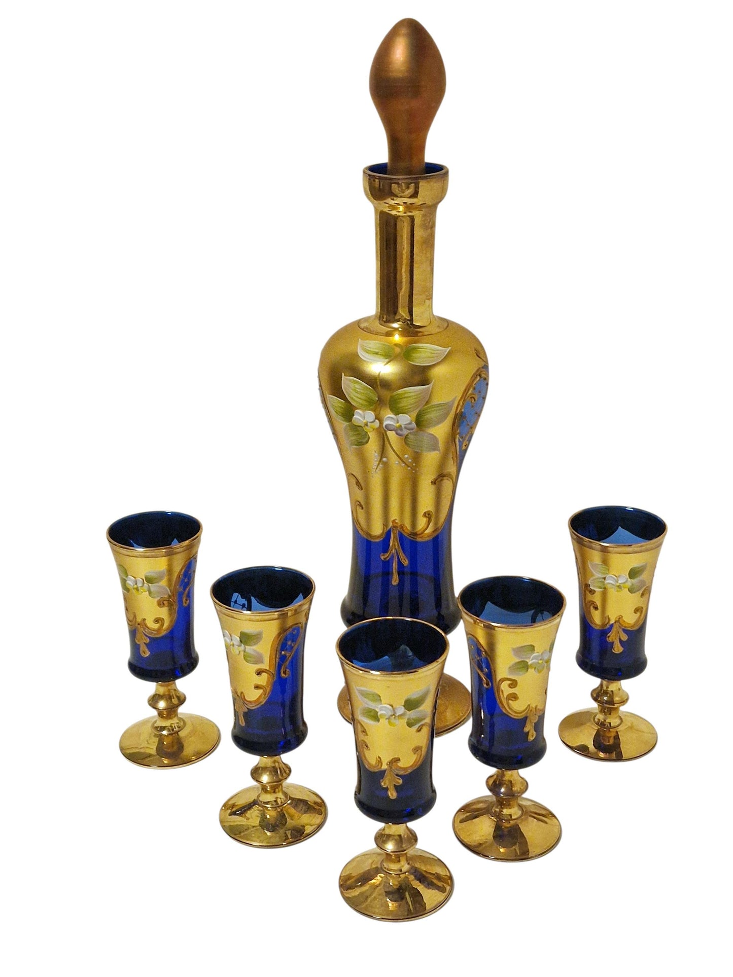 Murano Decanter & Sherry Glasses Set, 24K Gold Cobalt, Mid-Century Barware