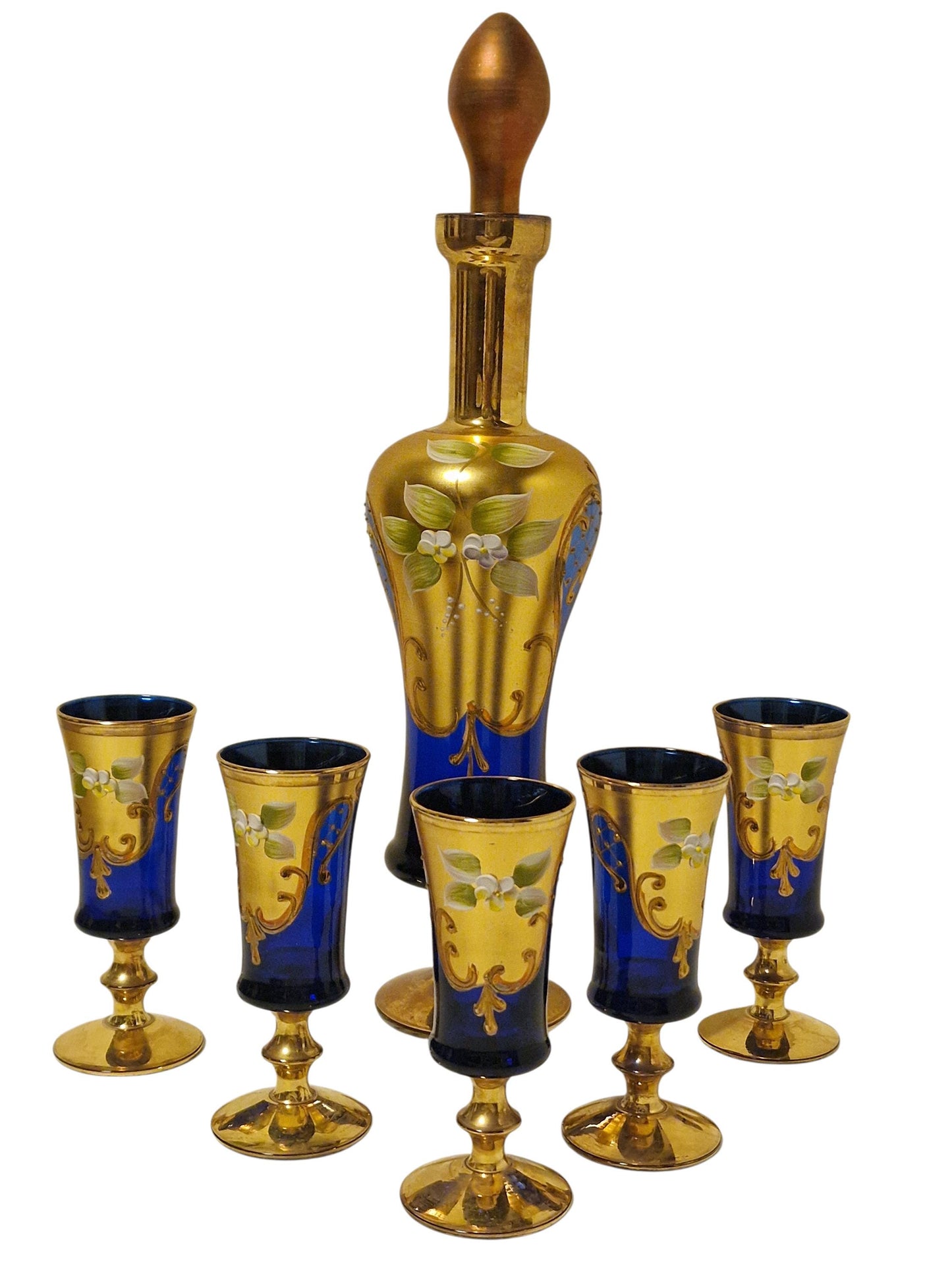 Murano Decanter & Sherry Glasses Set, 24K Gold Cobalt, Mid-Century Barware